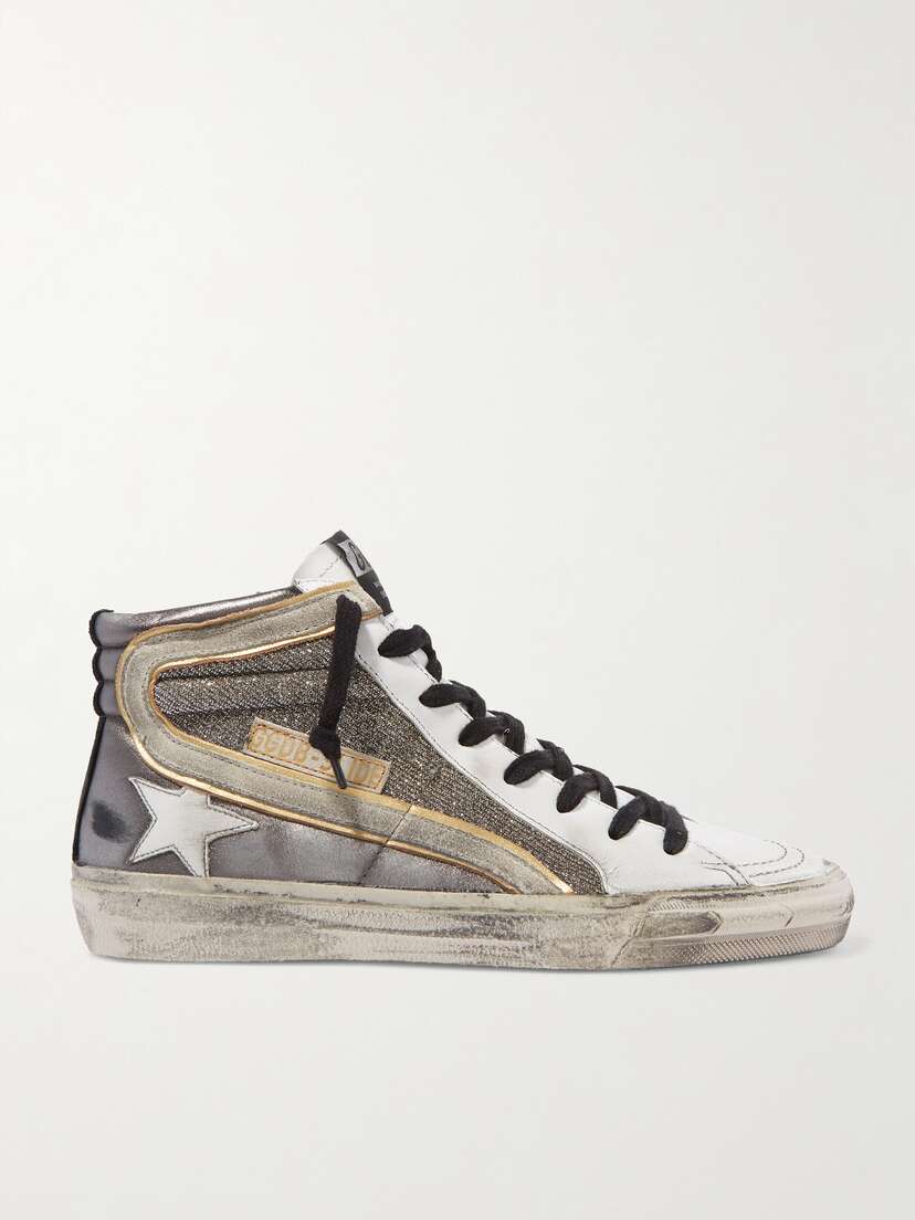 Golden Goose Slide Distressed Suede-trimmed Leather And Lurex High-top Sneakers