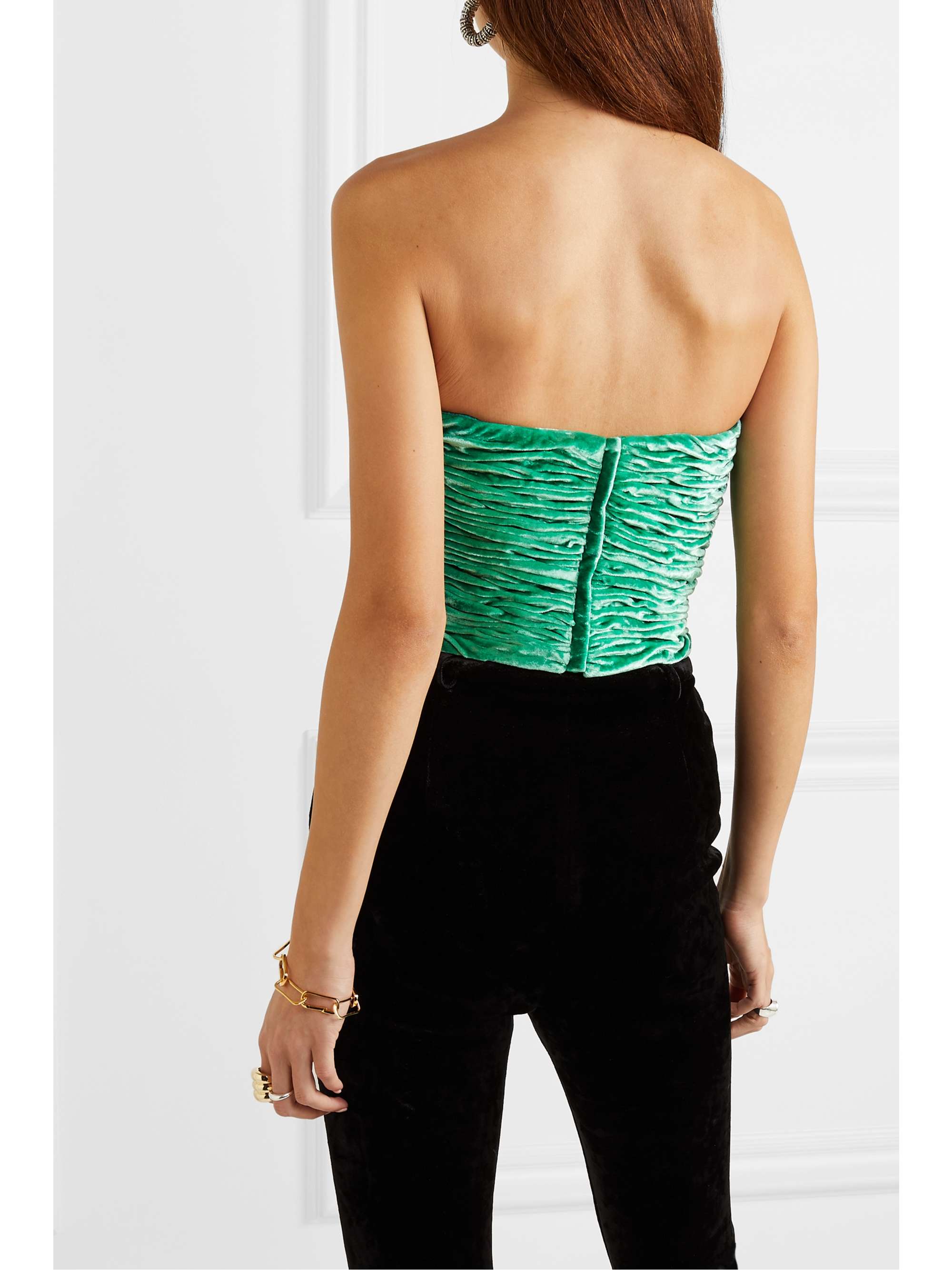 THE ATTICO Cutout ruched stretch-velvet bustier top