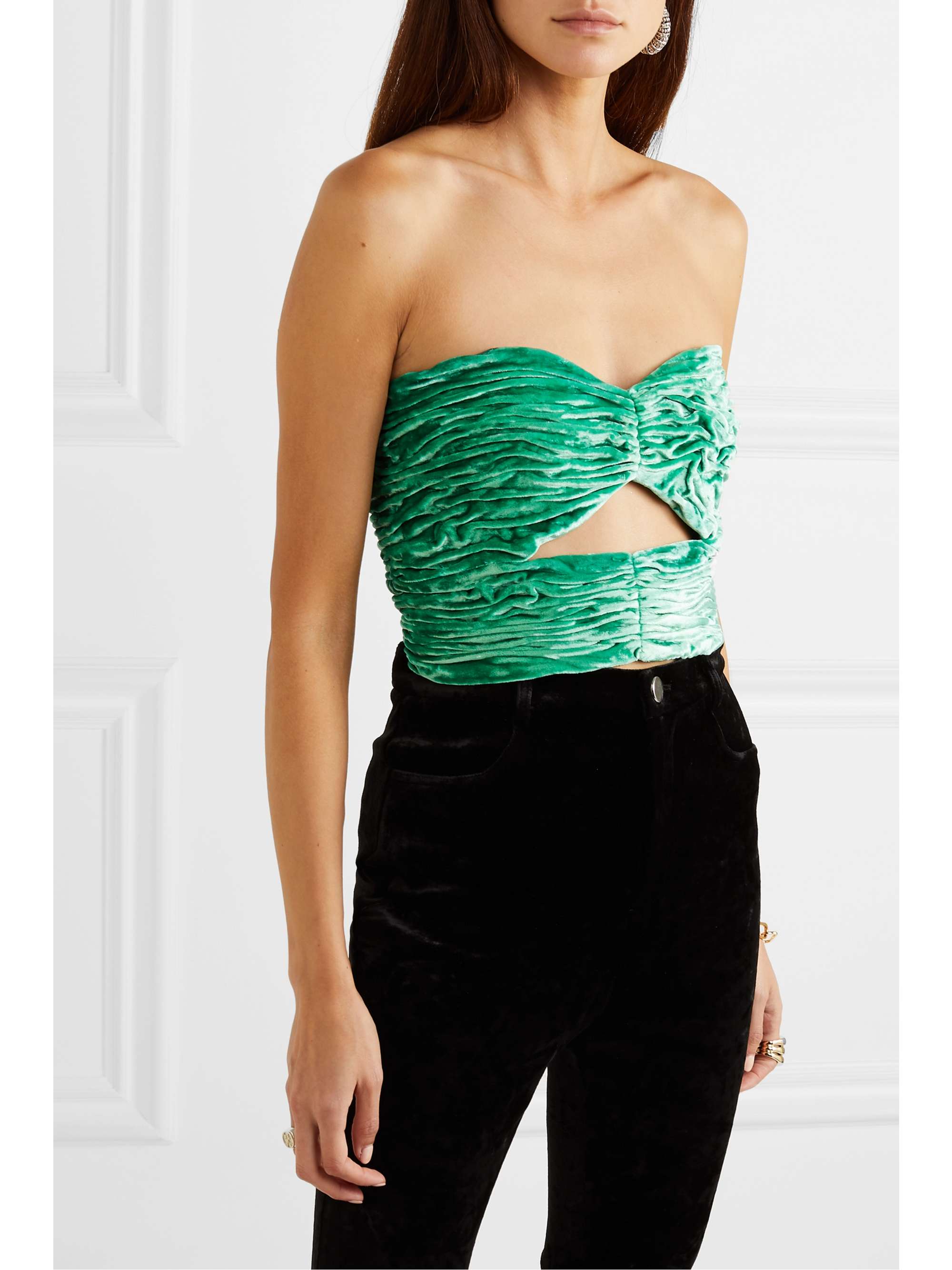 THE ATTICO Cutout ruched stretch-velvet bustier top
