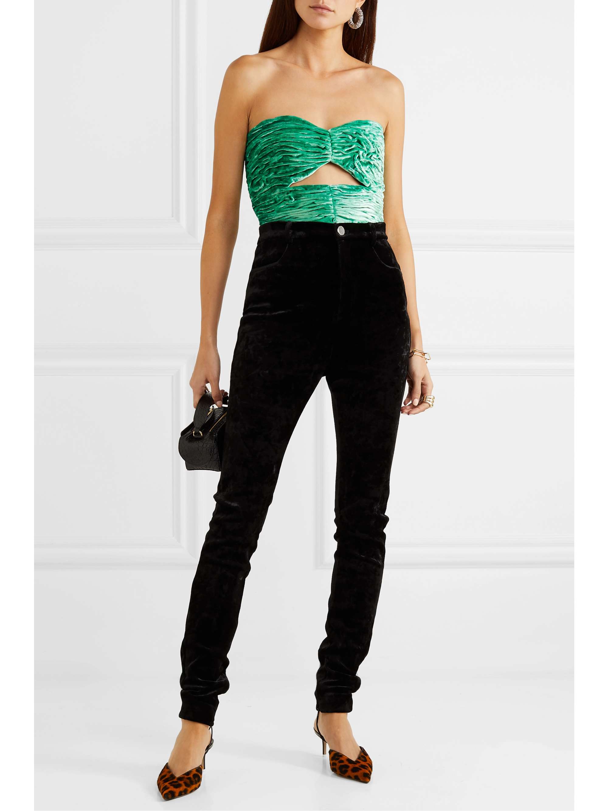 THE ATTICO Cutout ruched stretch-velvet bustier top