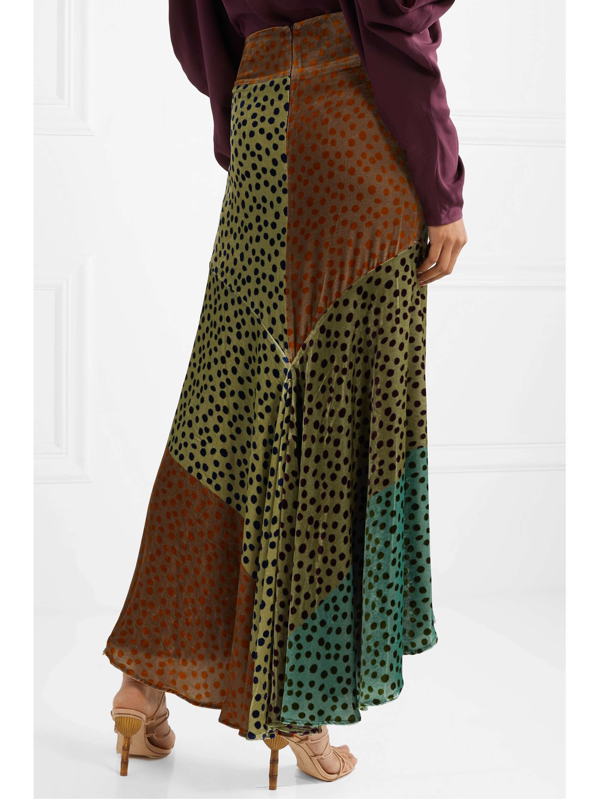 SILVIA TCHERASSI Delilah asymmetric color-block polka-dot velvet midi skirt