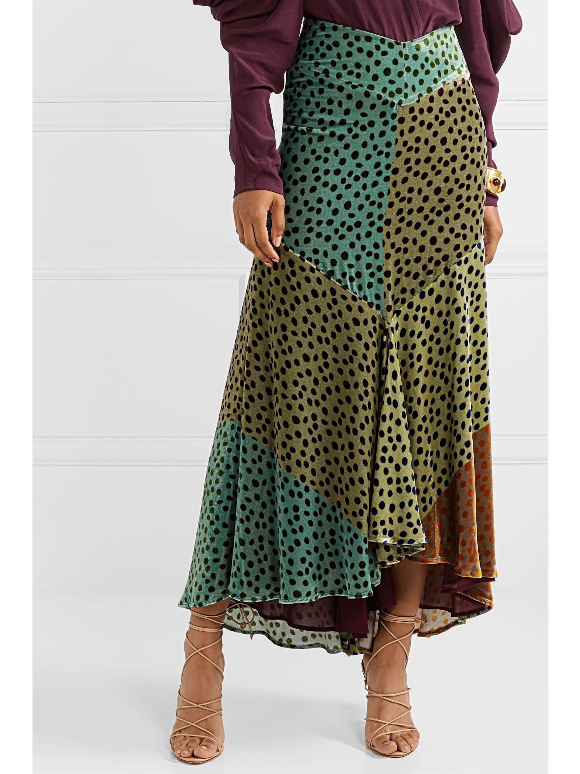 SILVIA TCHERASSI Delilah asymmetric color-block polka-dot velvet midi skirt