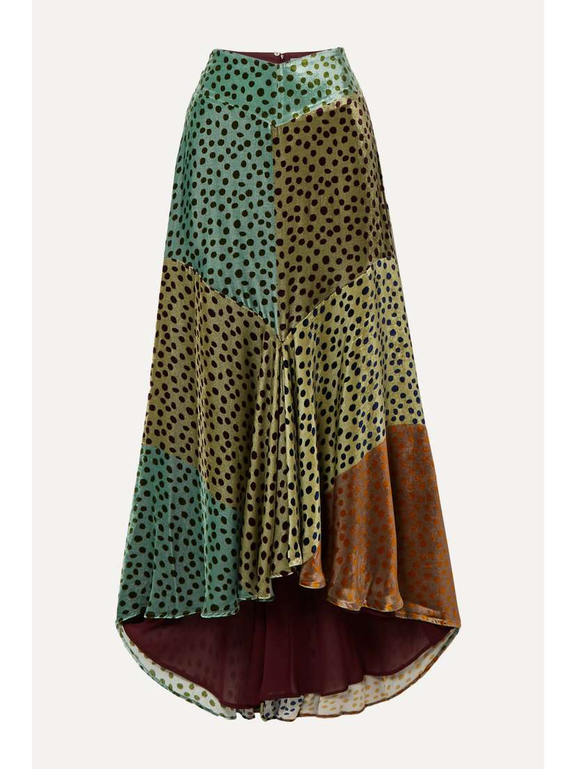 Silvia Tcherassi Delilah Asymmetric Color-block Polka-dot Velvet Midi Skirt
