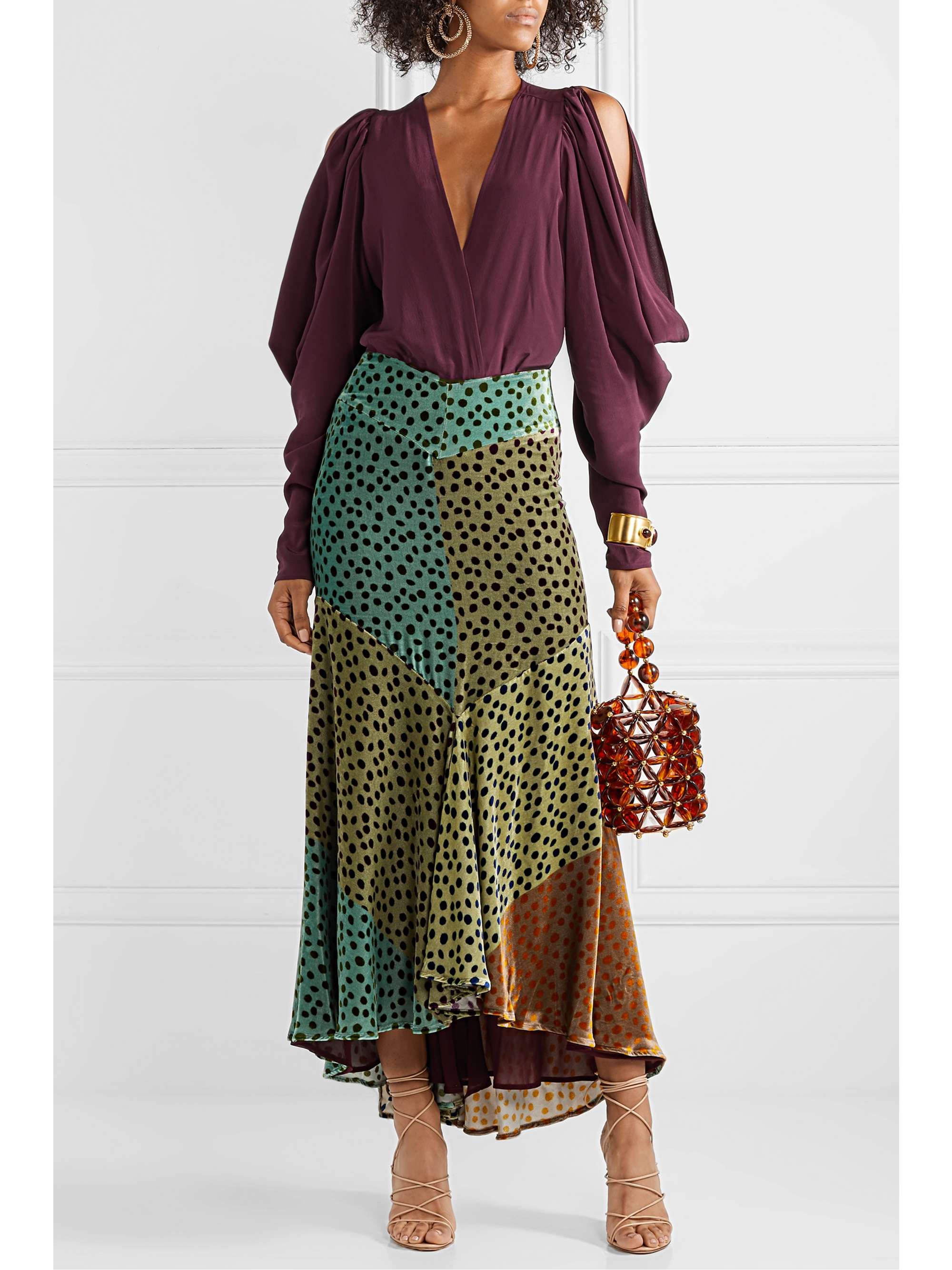 SILVIA TCHERASSI Delilah asymmetric color-block polka-dot velvet midi skirt