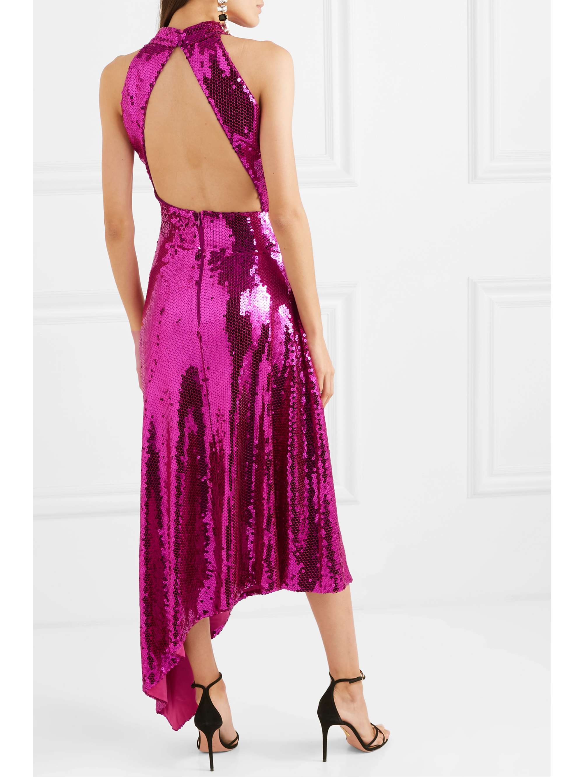 RASARIO Asymmetric open-back sequined satin midi dress