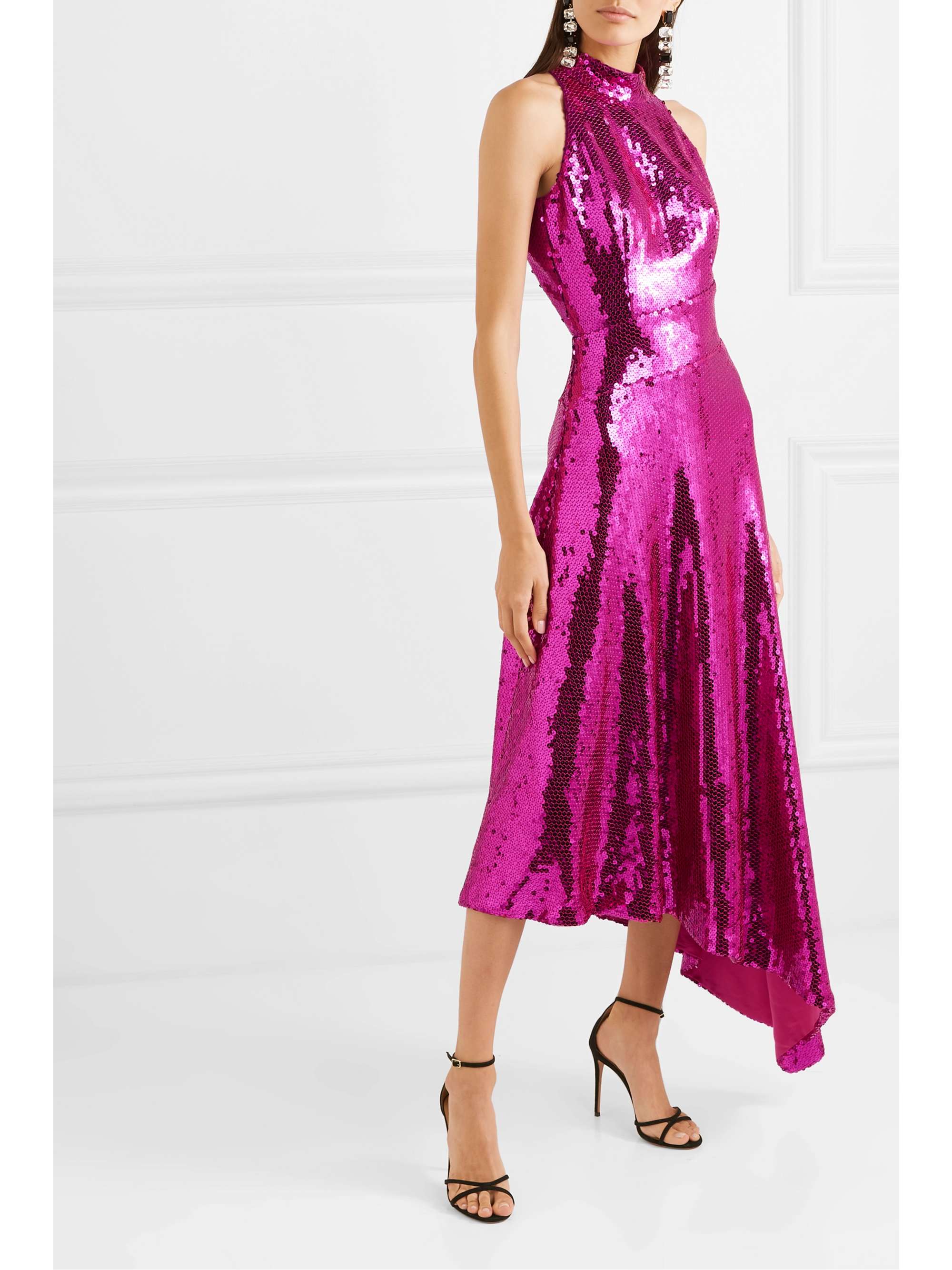 RASARIO Asymmetric open-back sequined satin midi dress