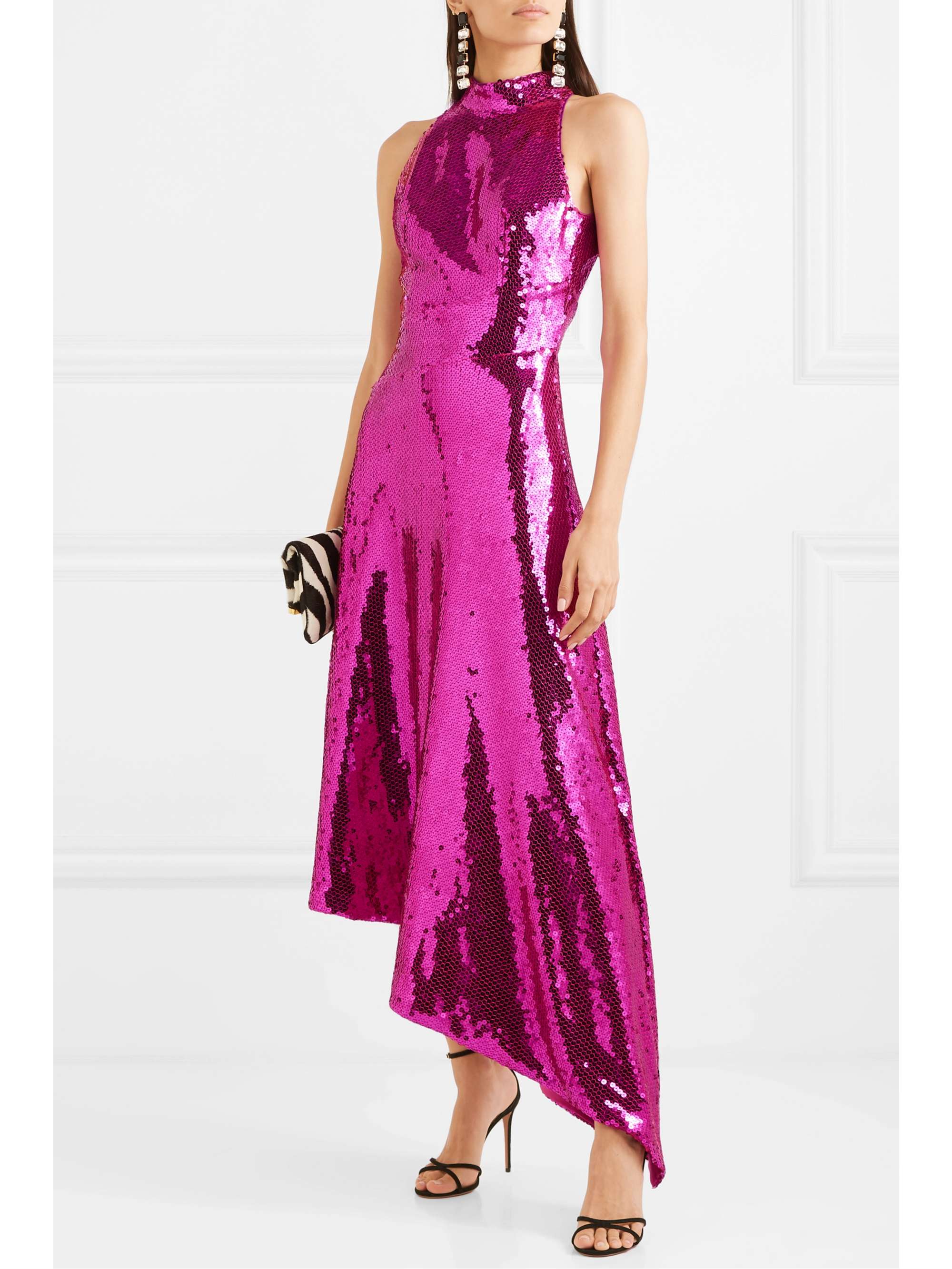 RASARIO Asymmetric open-back sequined satin midi dress