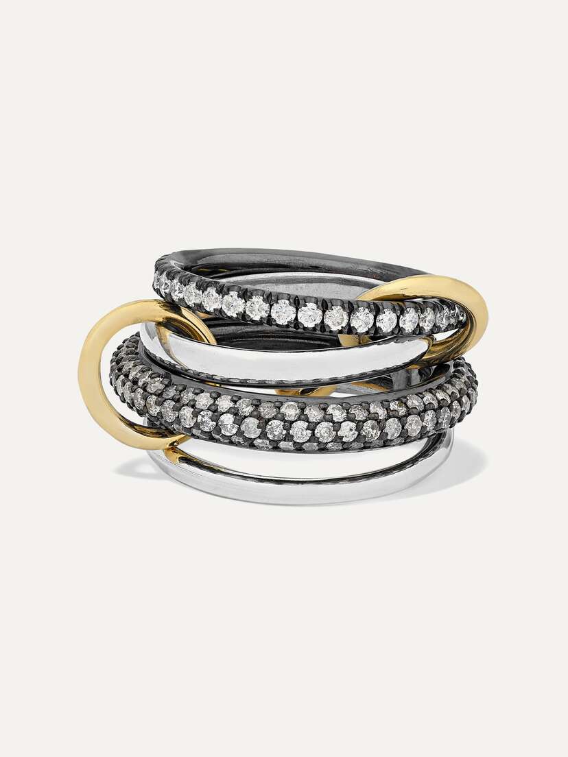 Spinelli Kilcollin Vega Set Of Four Sterling And Rhodium-plated Silver And 1-karat Gold Diamond Rings