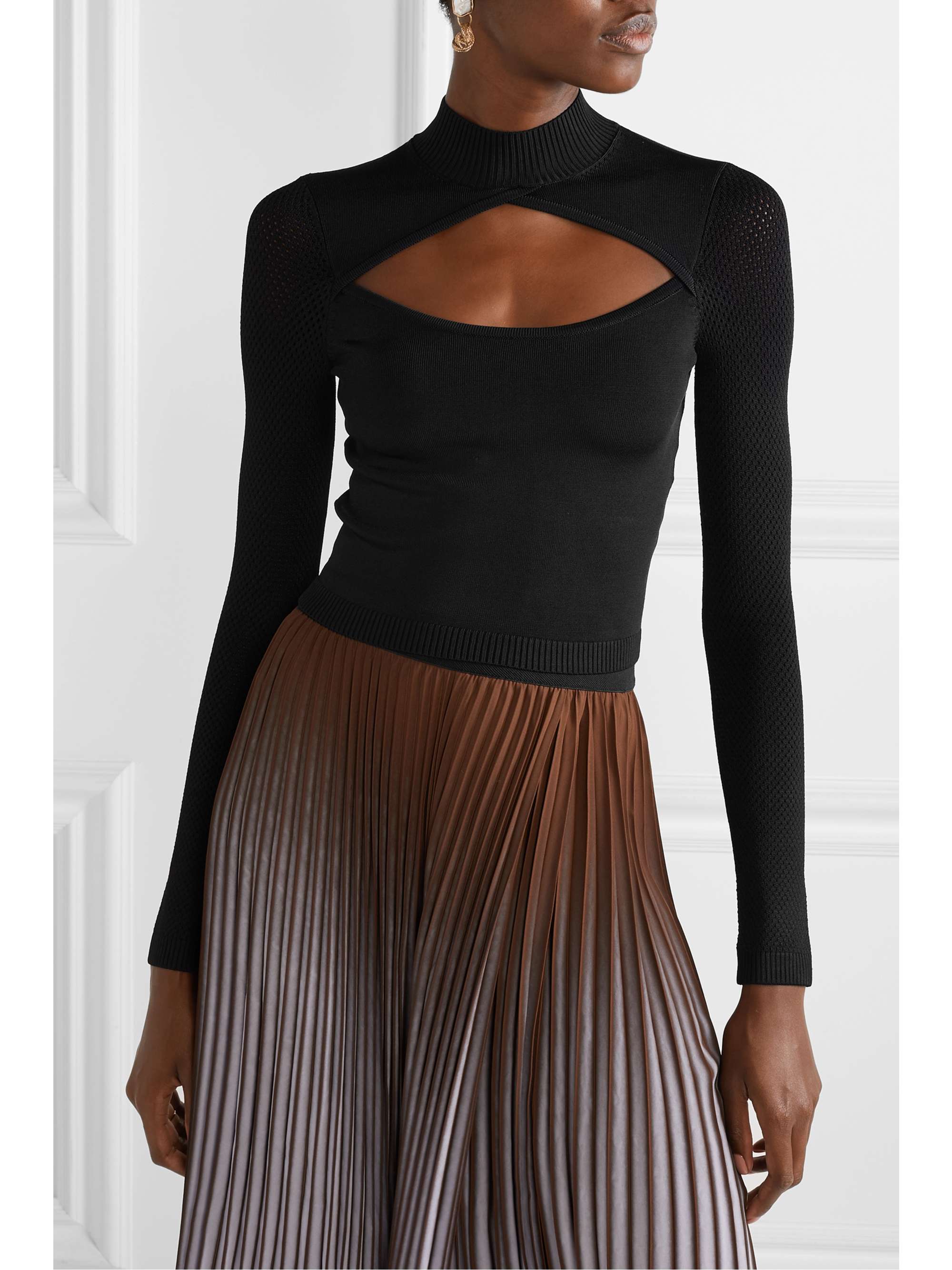 FLEUR DU MAL Cutout pointelle-paneled stretch-knit turtleneck top