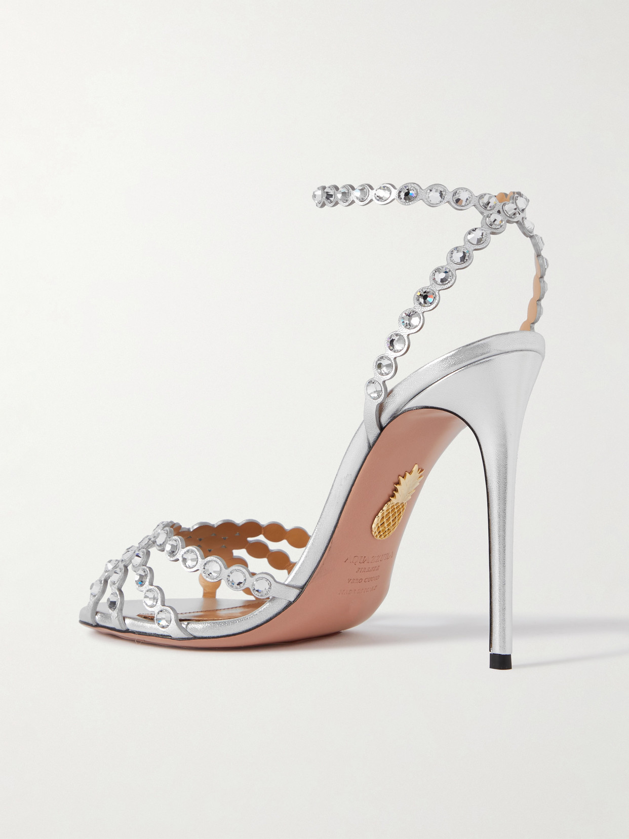 AQUAZZURA TEQUILA 105 CRYSTAL-EMBELLISHED METALLIC LEATHER SANDALS