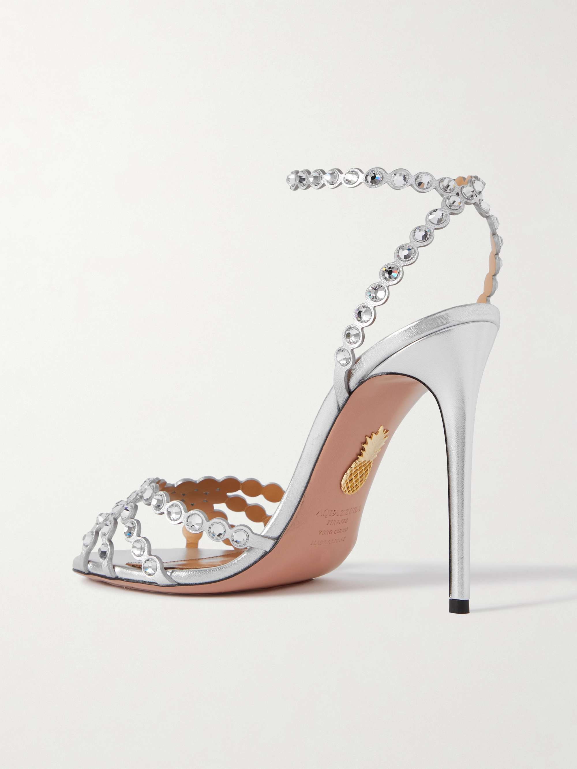 AQUAZZURA Tequila 105 metallic leather and crystal-embellished PVC sandals