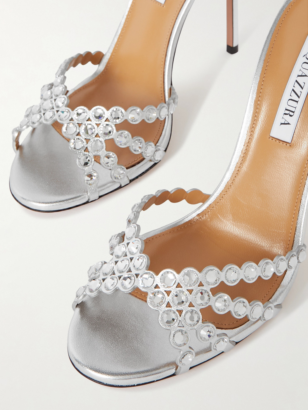 Shop Aquazzura Tequila 105 Crystal-embellished Metallic Leather Sandals In Silver