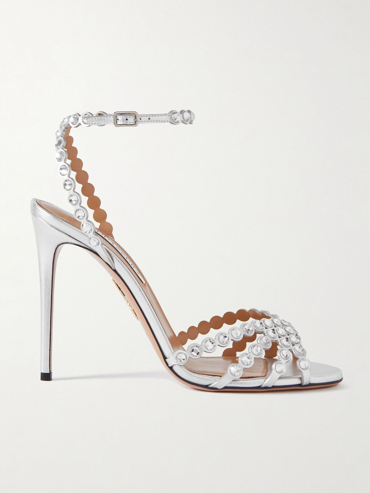 AQUAZZURA TEQUILA 105 CRYSTAL-EMBELLISHED METALLIC LEATHER SANDALS
