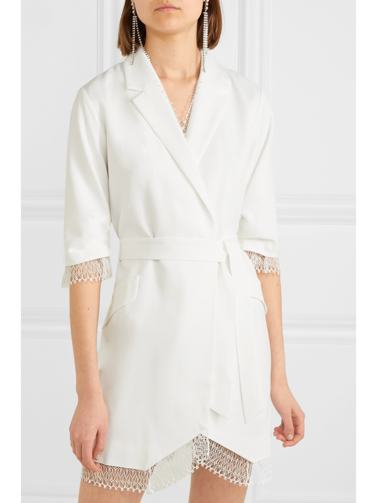 Shop Rime Arodaky Jax Belted Lace-trimmed Crepe Mini Dress In White