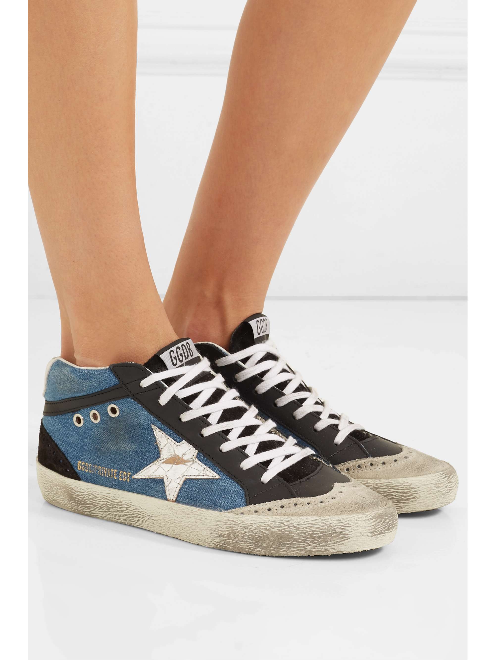 GOLDEN GOOSE Superstar distressed denim, leather and suede sneakers