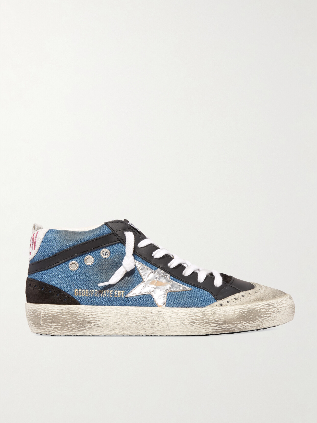 Golden Goose Superstar Distressed Denim, Leather And Suede Trainers In Blue