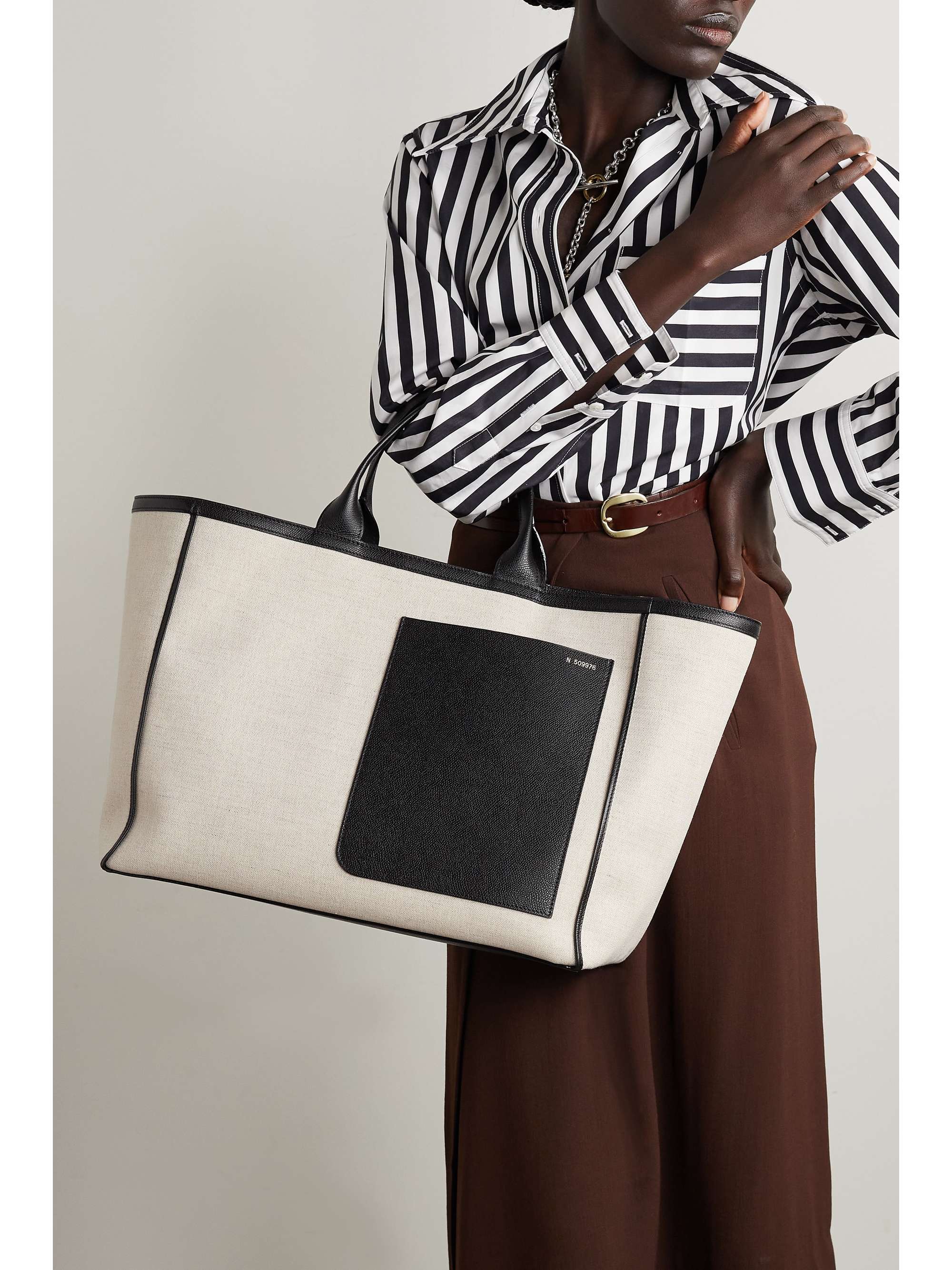 VALEXTRA Shopping two-tone leather-trimmed canvas tote