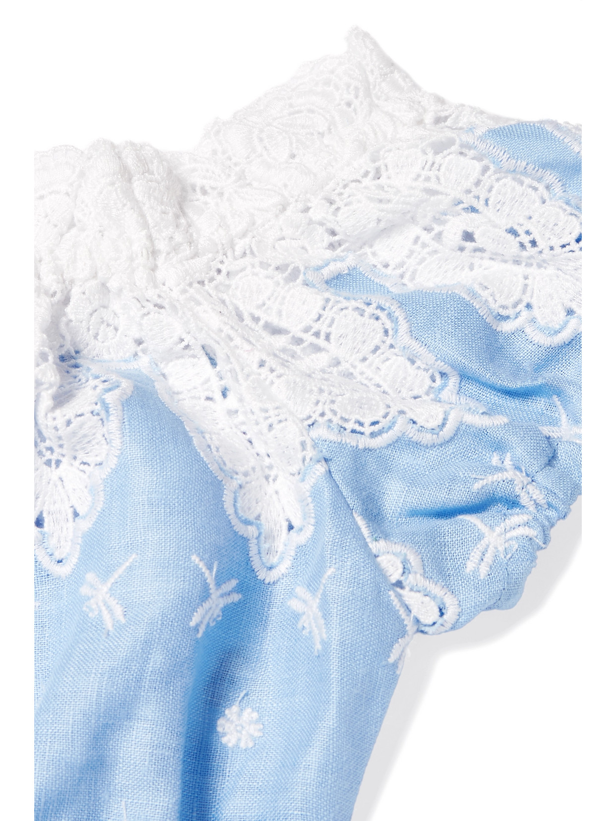 Miguelina Tessa Off-the-shoulder Crochet-trimmed Linen Top In Blue