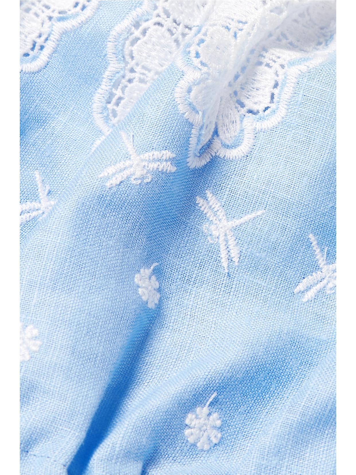 Miguelina Tessa Off-the-shoulder Crochet-trimmed Linen Top In Blue