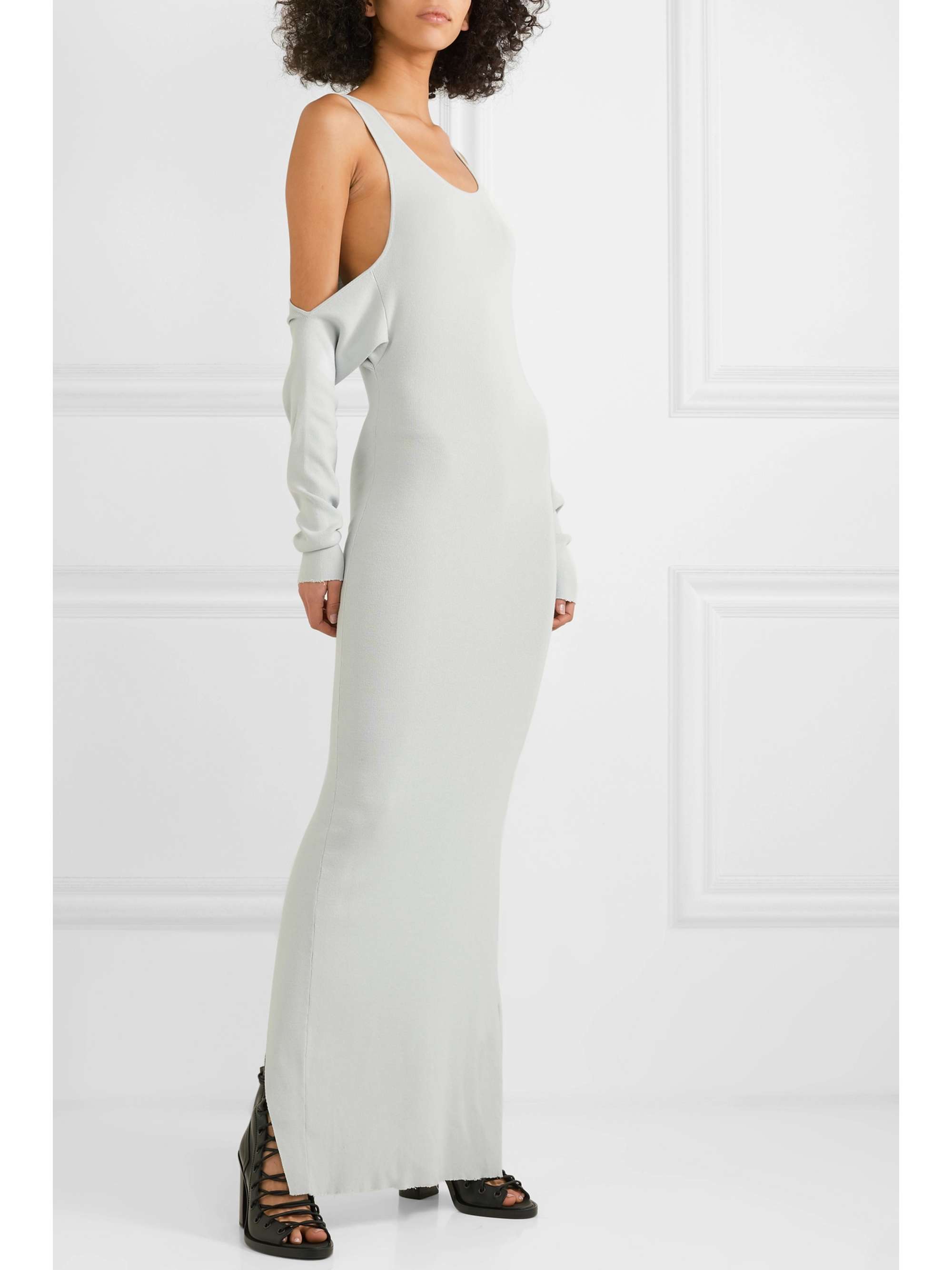 UNRAVEL Cold-shoulder distressed cotton and cashmere-blend dress