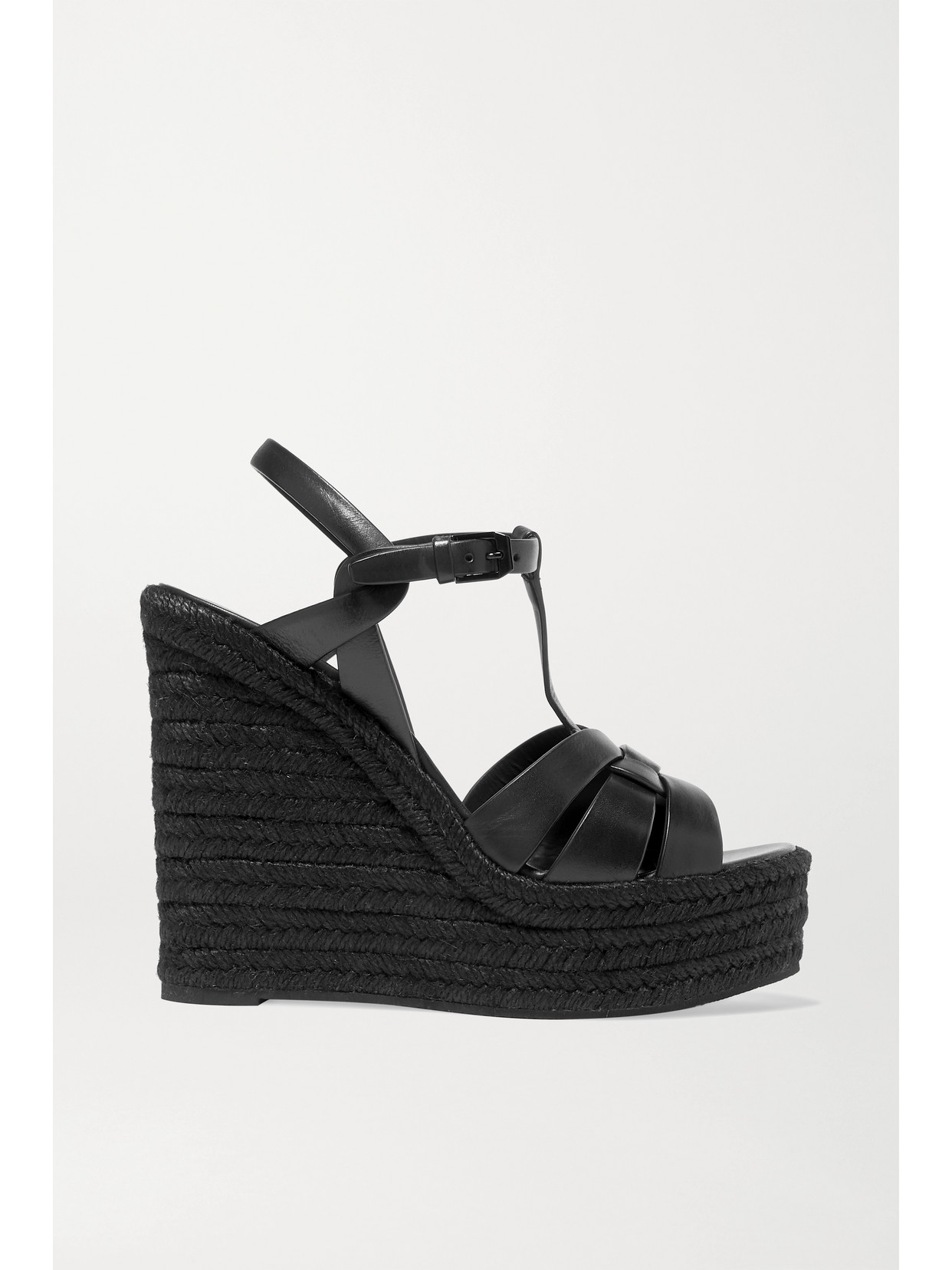 SAINT LAURENT TRIBUTE WOVEN LEATHER ESPADRILLE WEDGE SANDALS