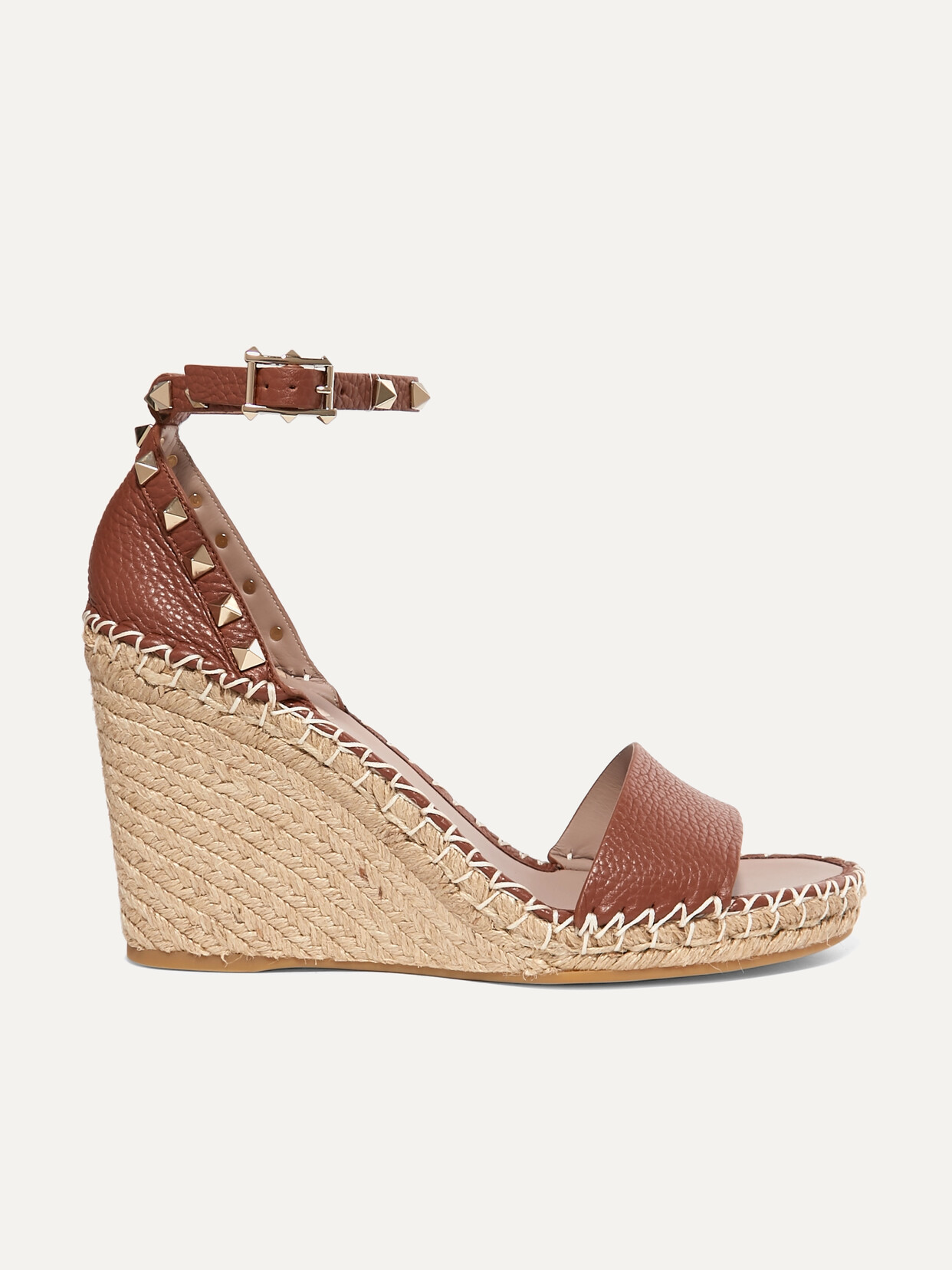 Valentino Rockstud Double Espadrille Wedge Sandals In Brown