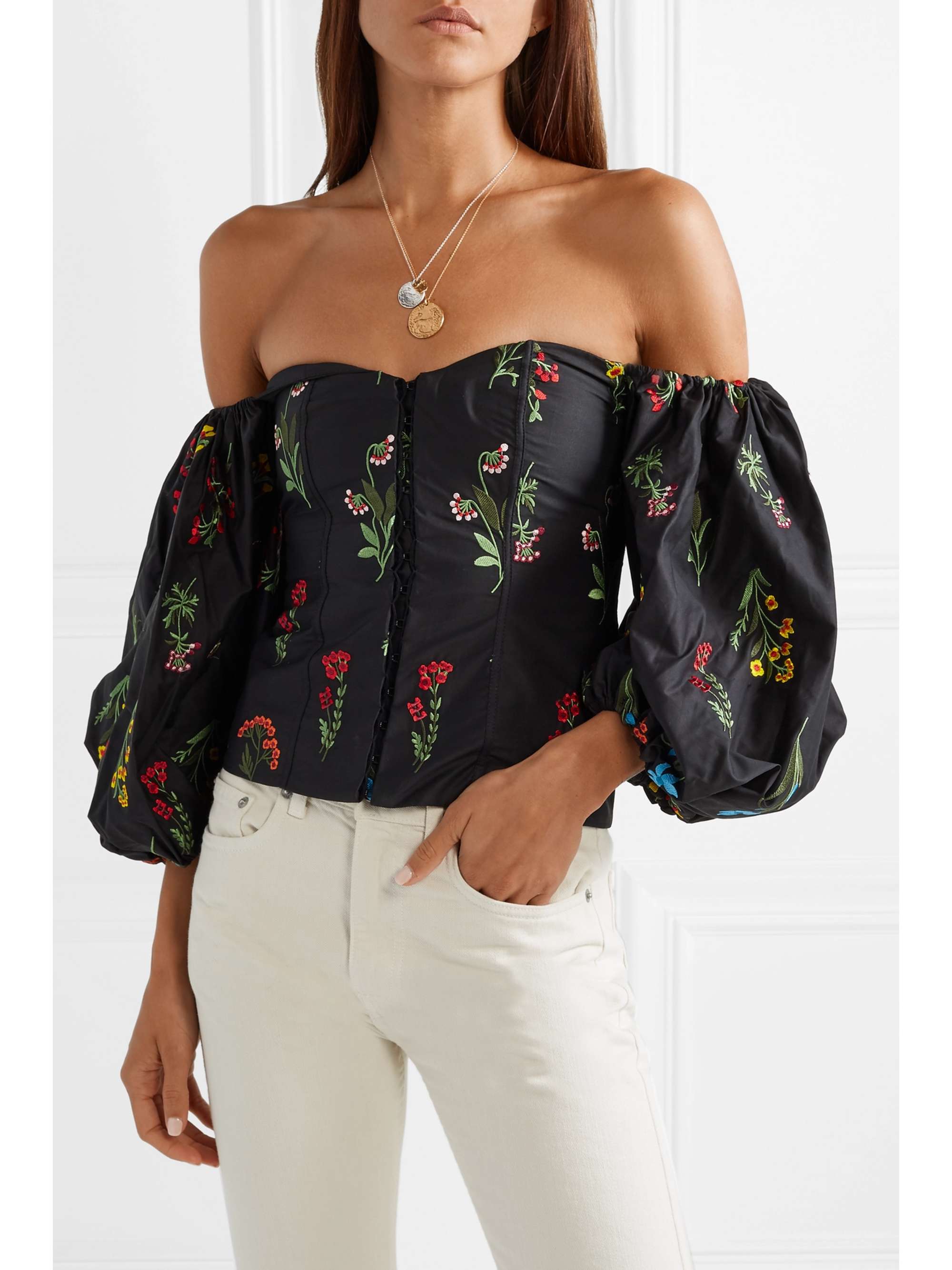 CAROLINE CONSTAS Belen off-the-shoulder embroidered poplin blouse