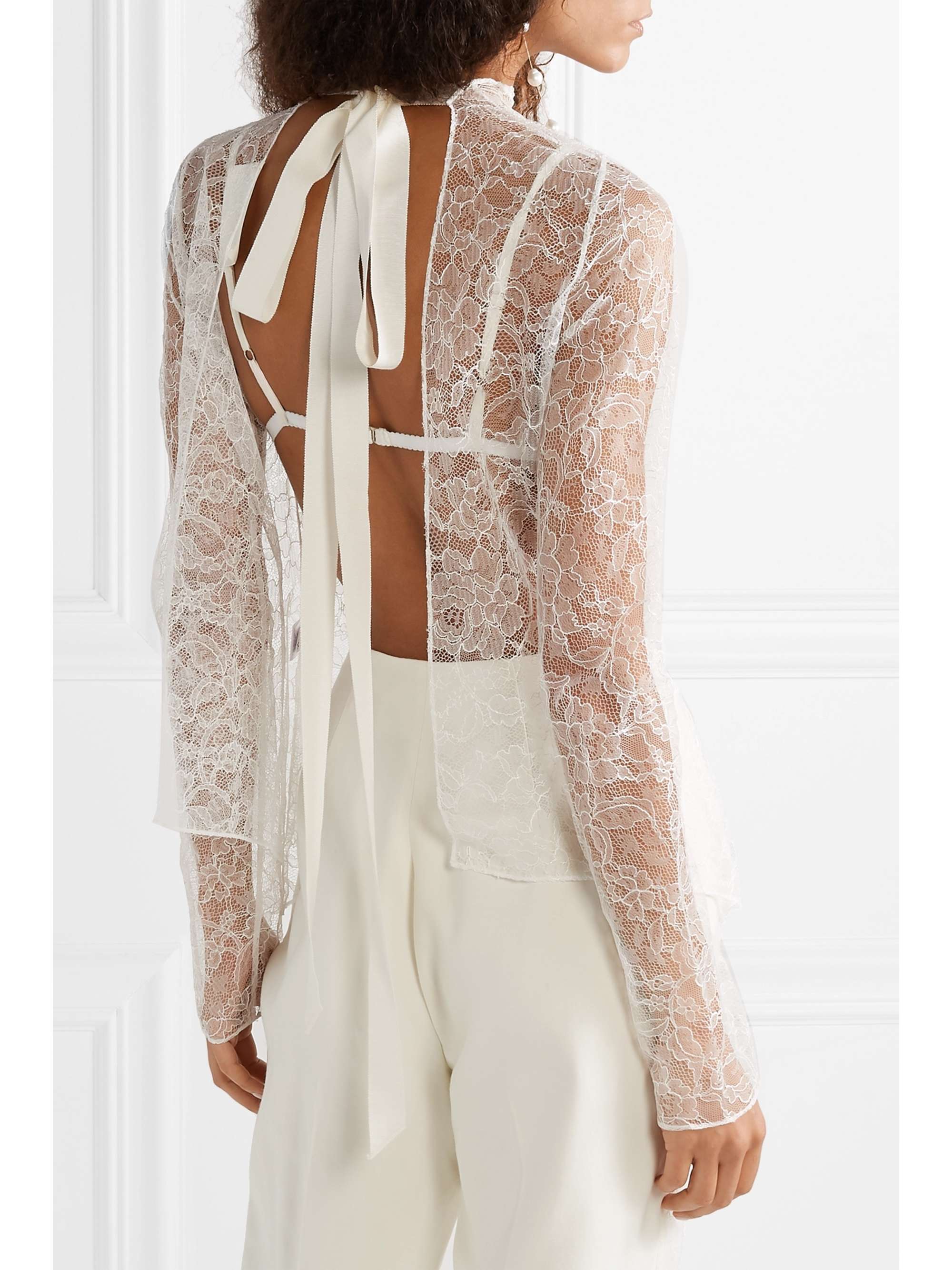 DANIELLE FRANKEL Open-back grosgrain-trimmed Chantilly lace top