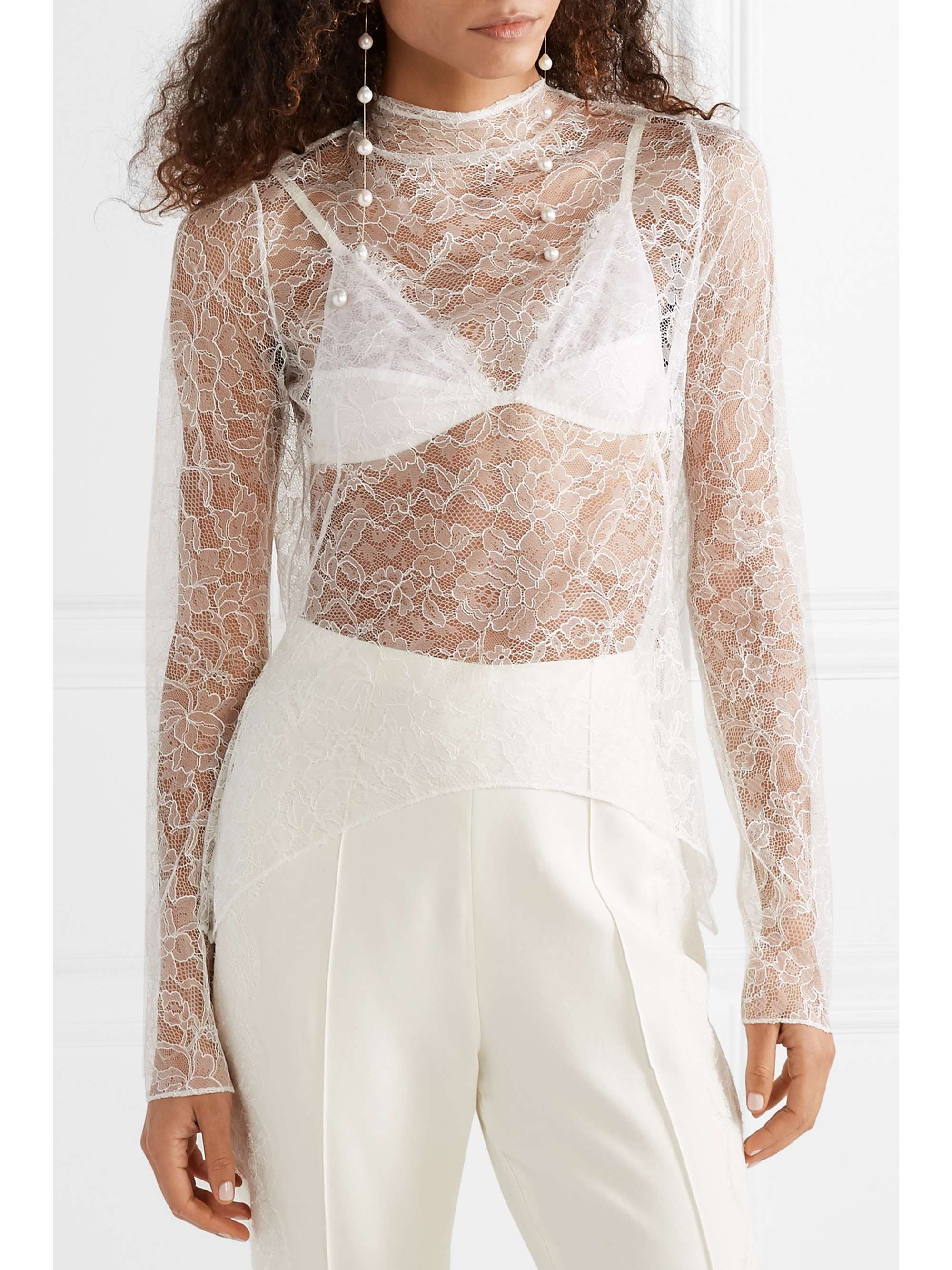 DANIELLE FRANKEL Open-back grosgrain-trimmed Chantilly lace top