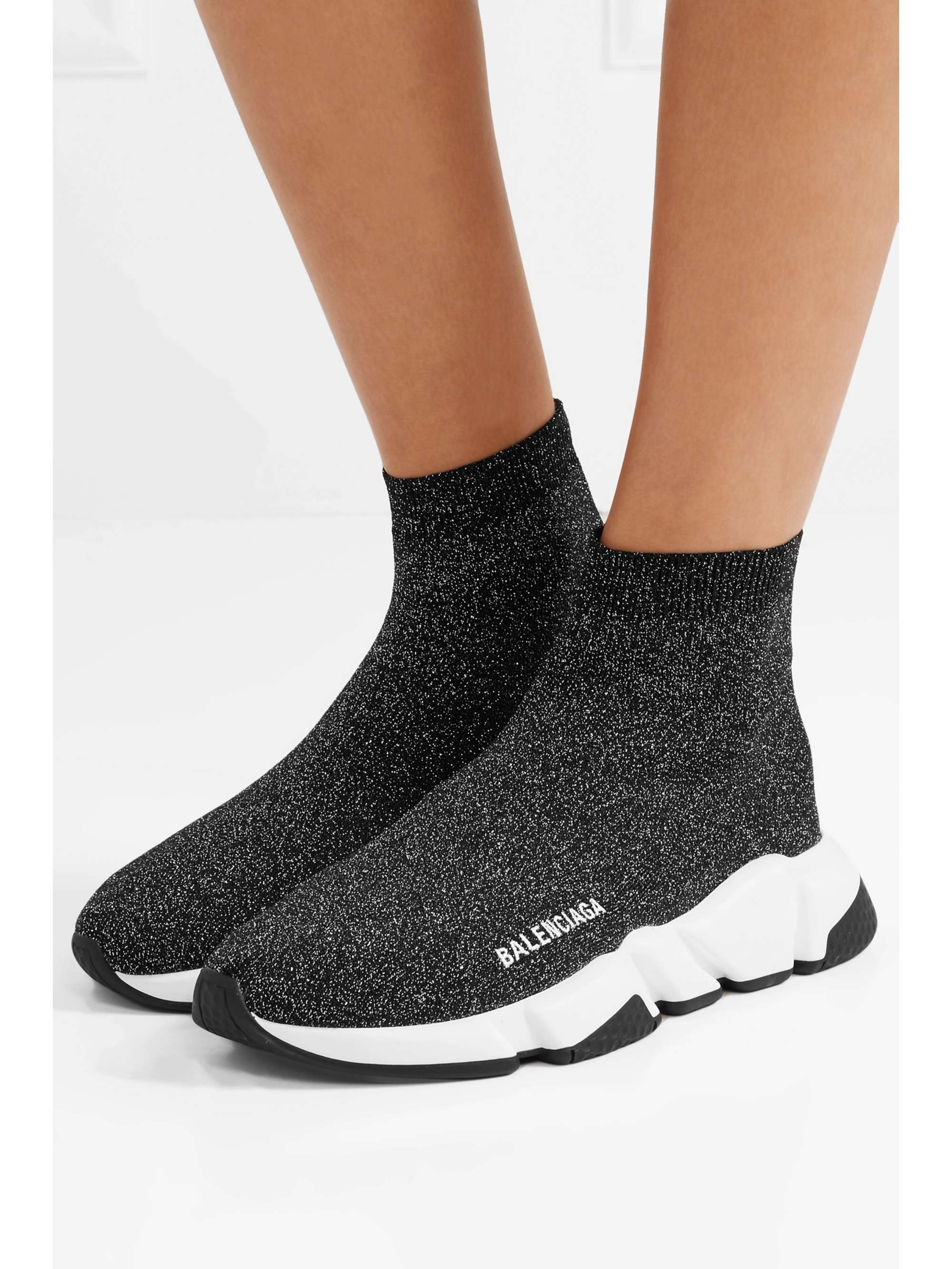 BALENCIAGA Baskets montantes en mailles stretch métallisées à logo Speed