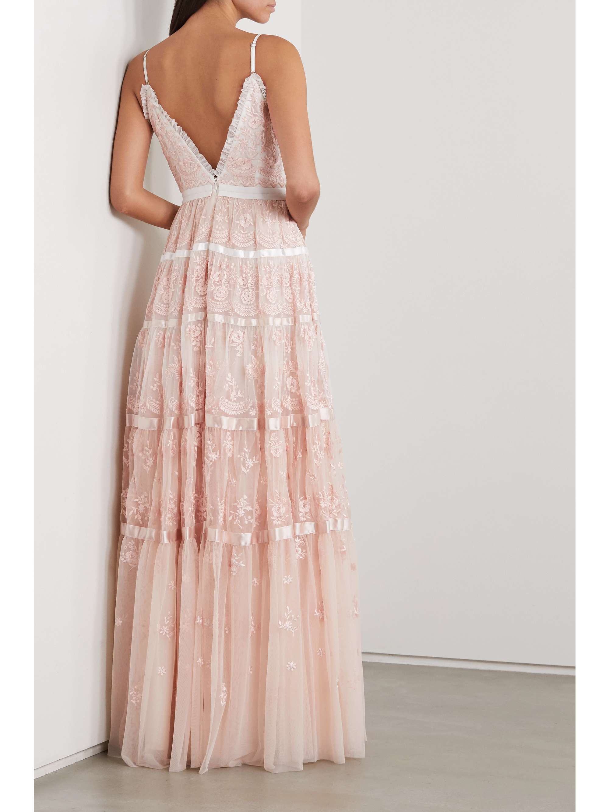 NEEDLE & THREAD Satin-trimmed embroidered tulle gown