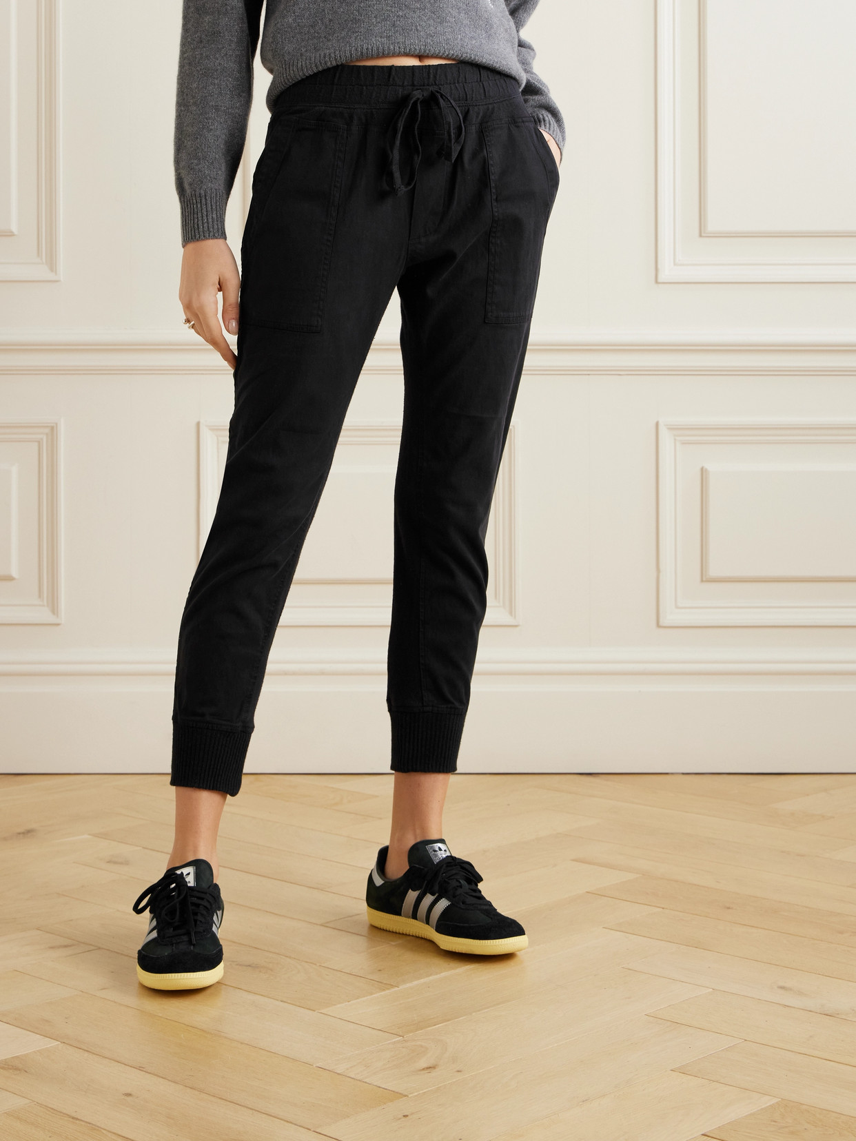 Shop James Perse Jersey-trimmed Cotton-gabardine Track Pants In Black