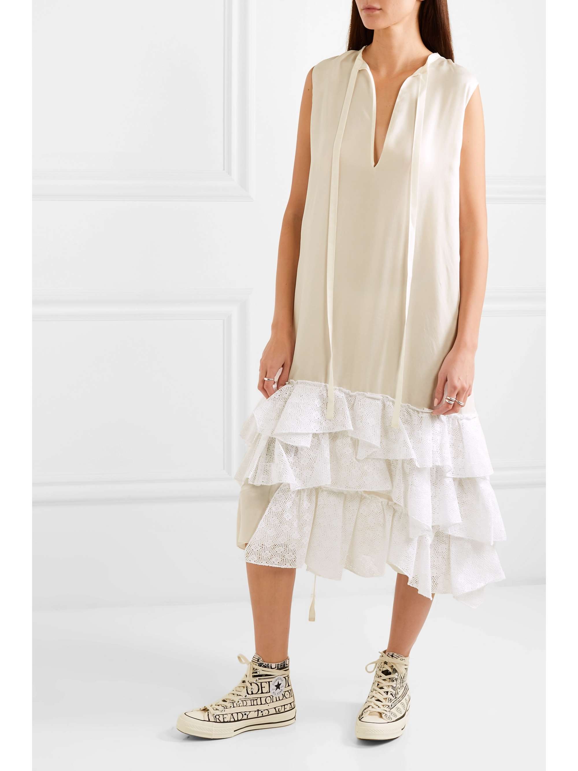 JW ANDERSON Asymmetric ruffled crepe de chine and broderie anglaise cotton dress