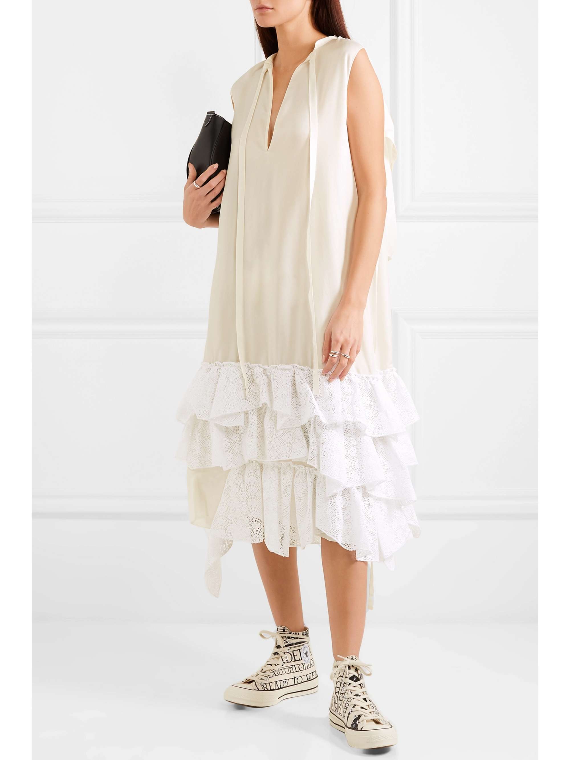 JW ANDERSON Asymmetric ruffled crepe de chine and broderie anglaise cotton dress