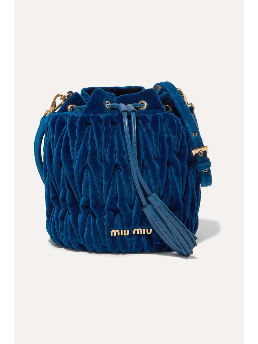 Miu Miu Eyewear Leather-trimmed Matelassé Velvet Bucket Bag
