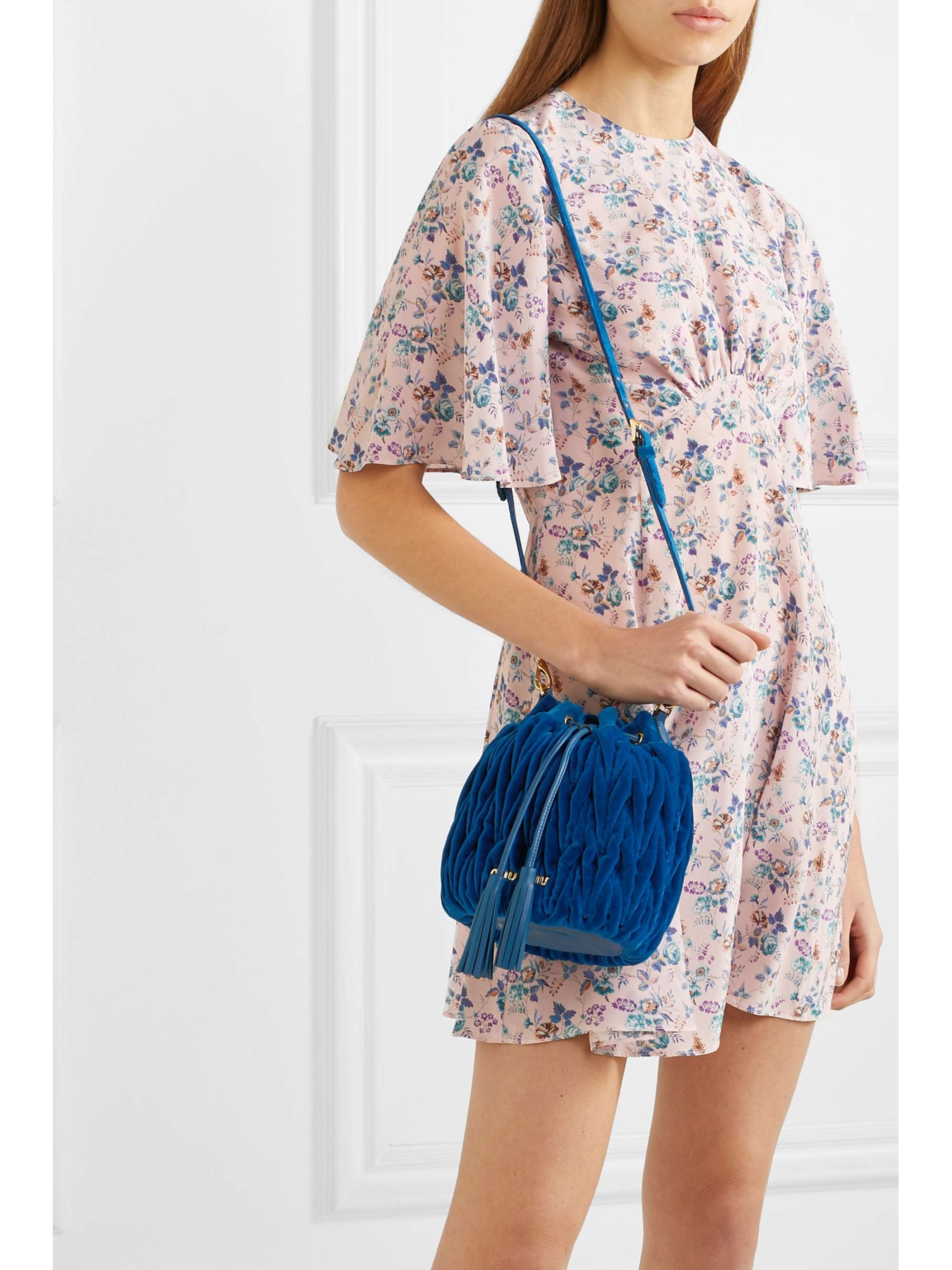 MIU MIU Leather-trimmed matelassé velvet bucket bag