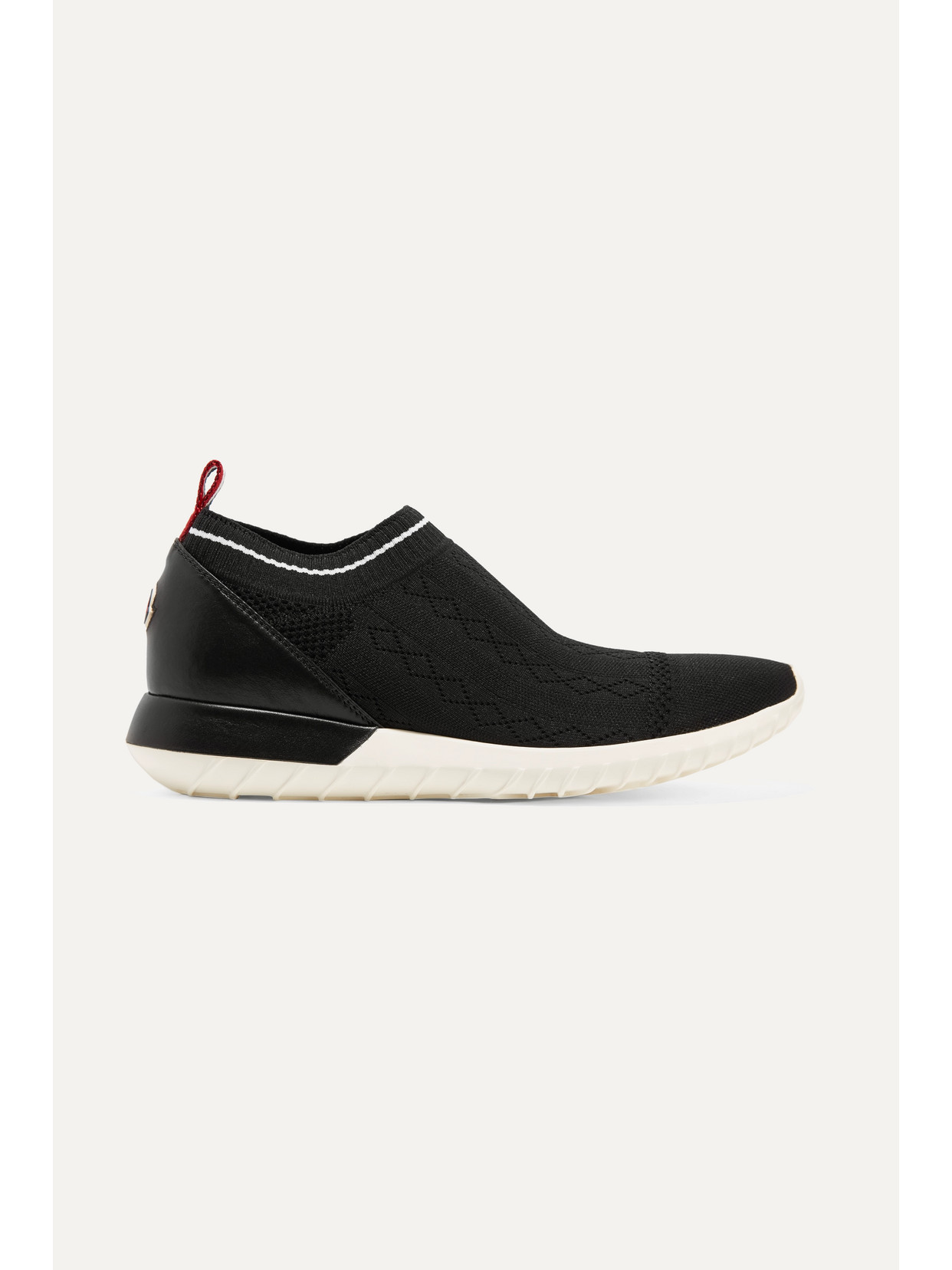 MONCLER GIROFLEE LEATHER-PANELED STRETCH-KNIT SLIP-ON SNEAKERS