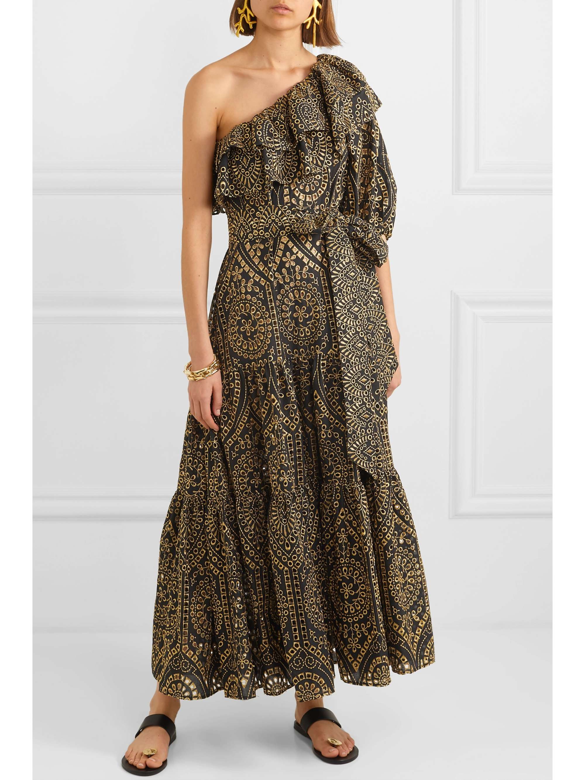 LISA MARIE FERNANDEZ Arden one-shoulder ruffled metallic cotton broderie anglaise maxi dress