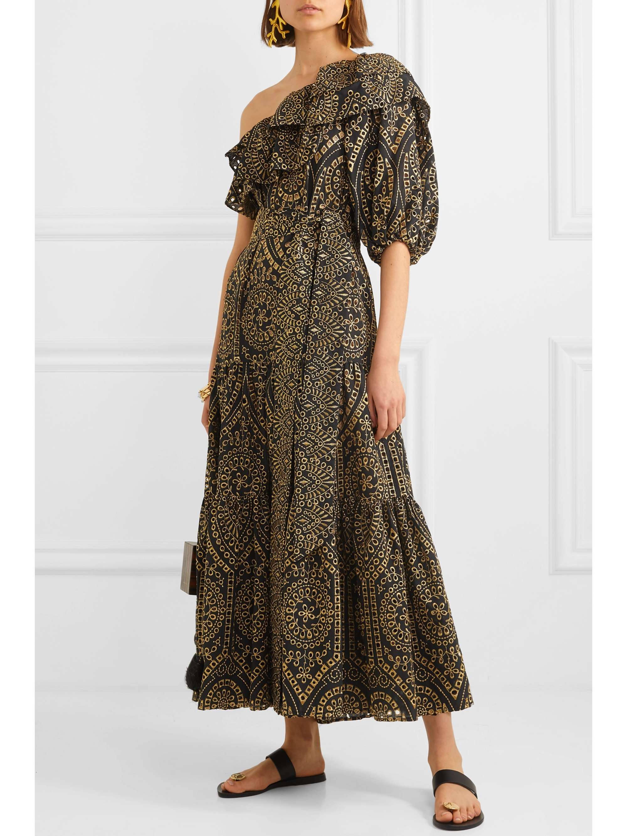 LISA MARIE FERNANDEZ Arden one-shoulder ruffled metallic cotton broderie anglaise maxi dress