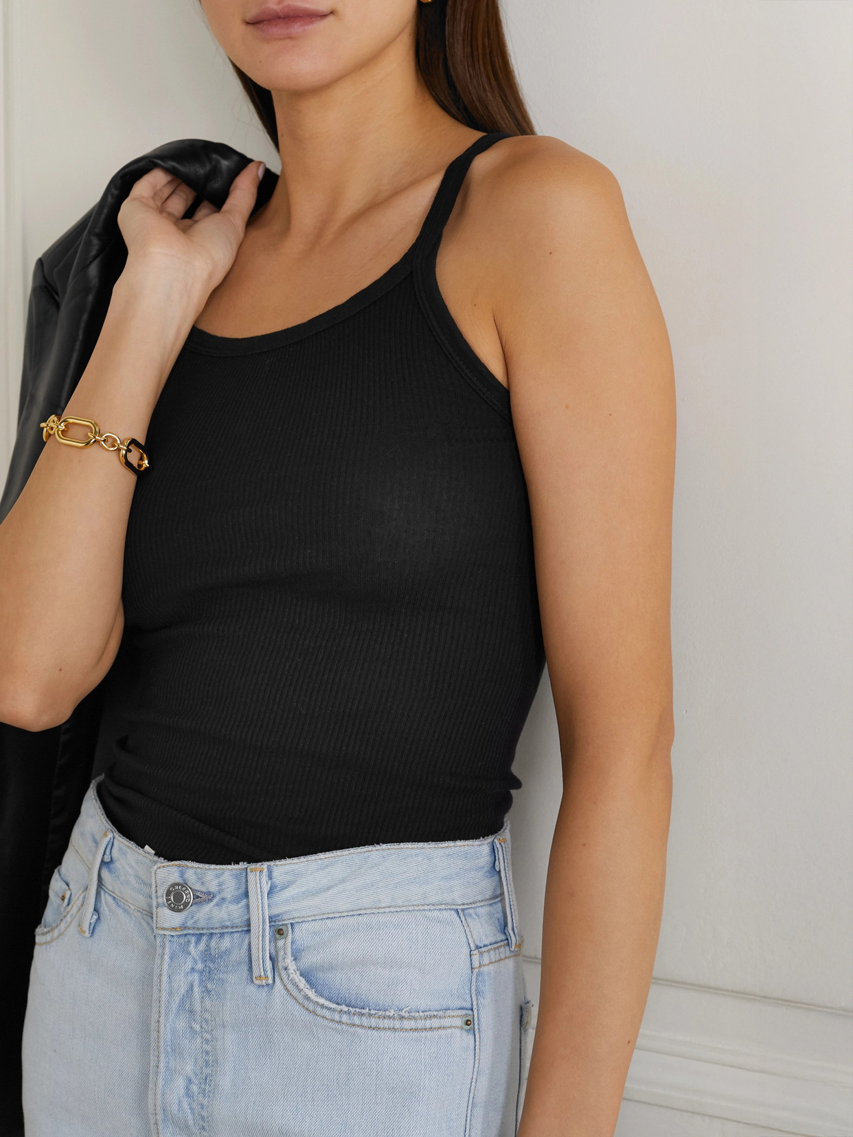 Shop Re/done Ribbed Cotton-jersey Tank In Black