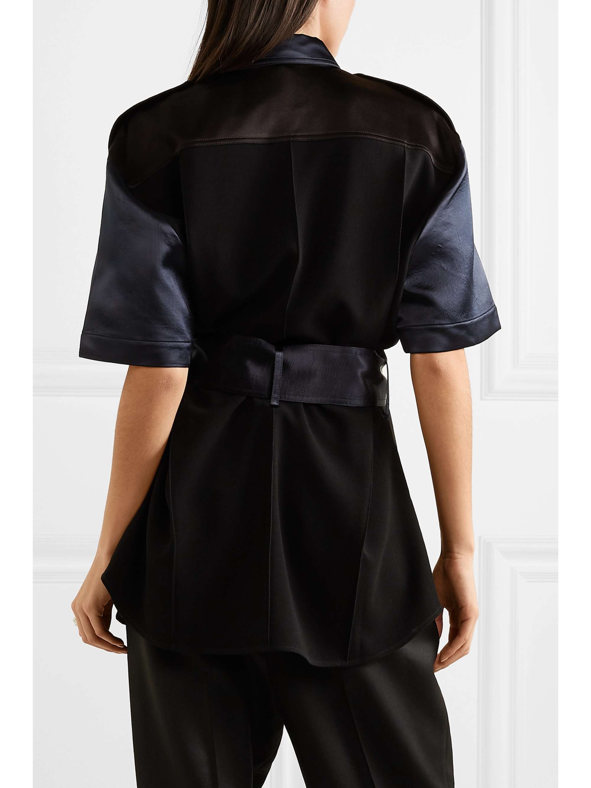 PETER DO College Safari belted paneled cotton-twill and satin shirt