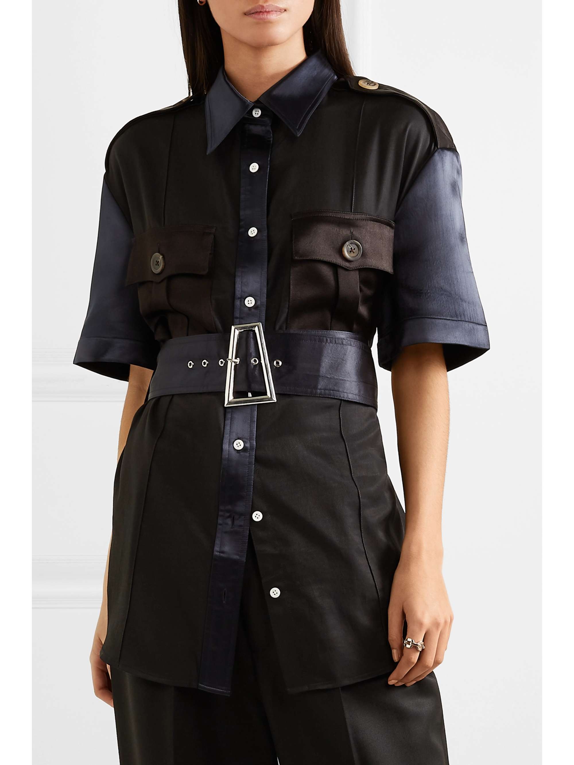 PETER DO College Safari belted paneled cotton-twill and satin shirt