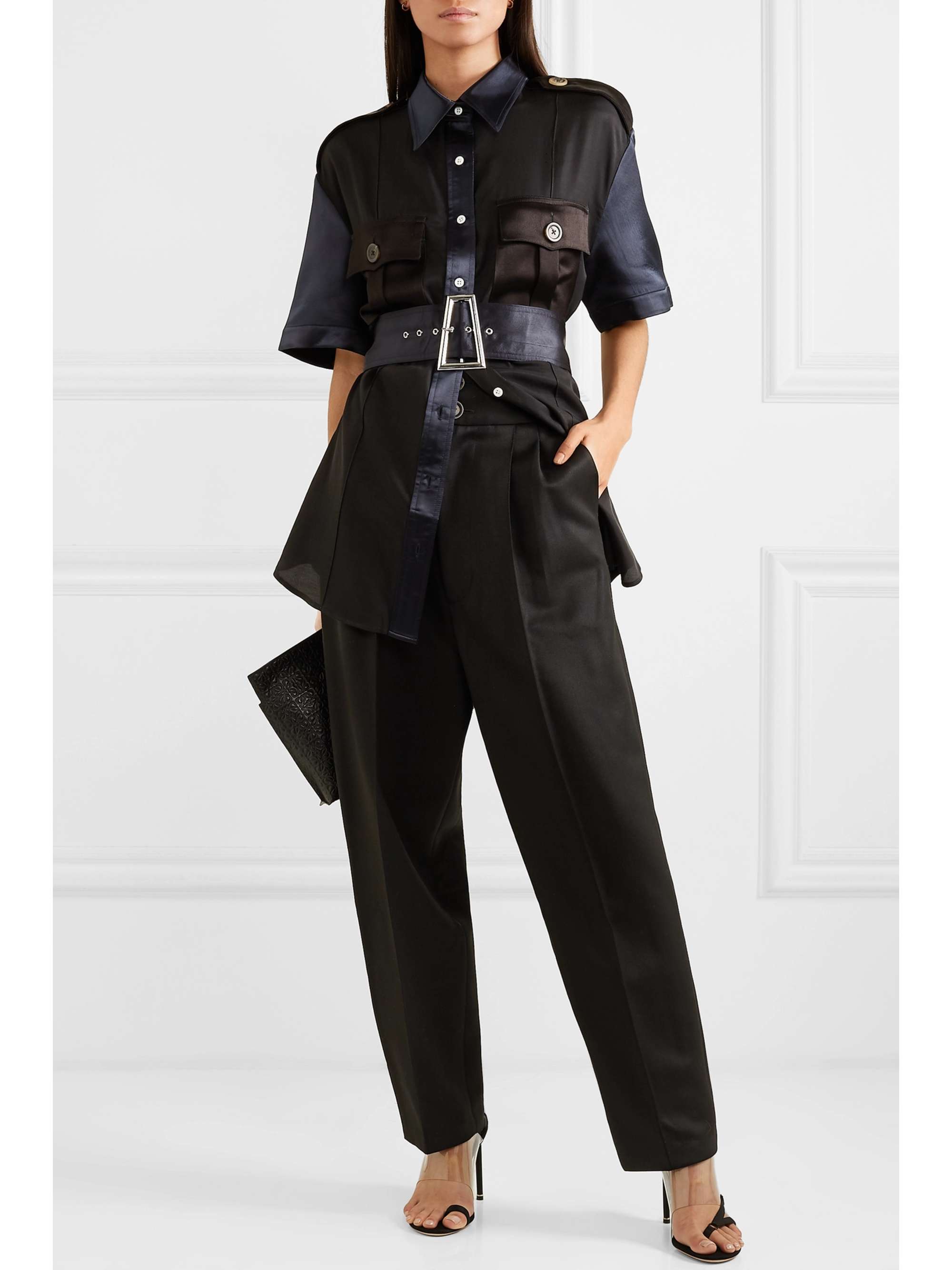 PETER DO College Safari belted paneled cotton-twill and satin shirt