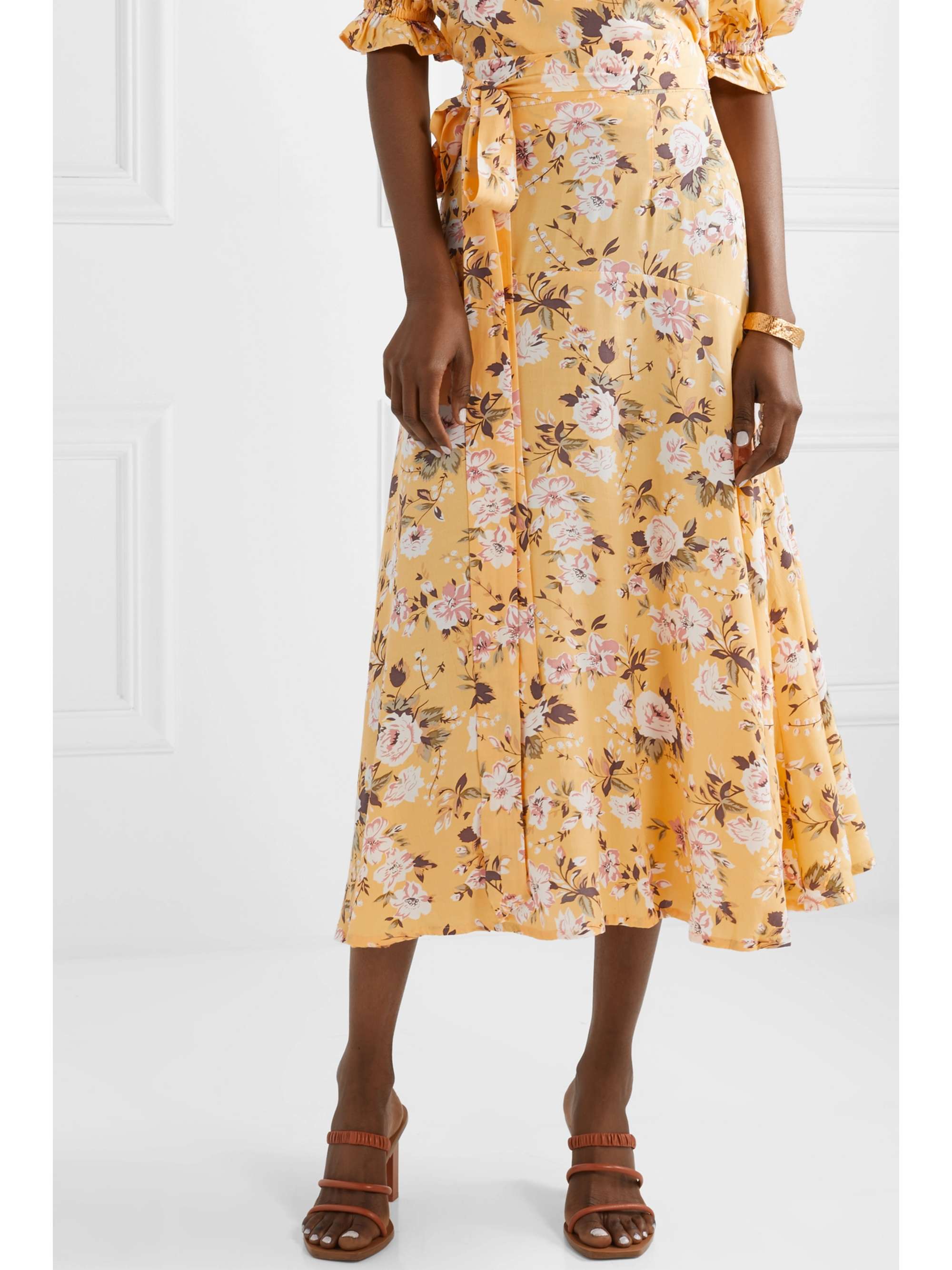 FAITHFULL Asiya belted floral-print crepe wrap-effect midi skirt