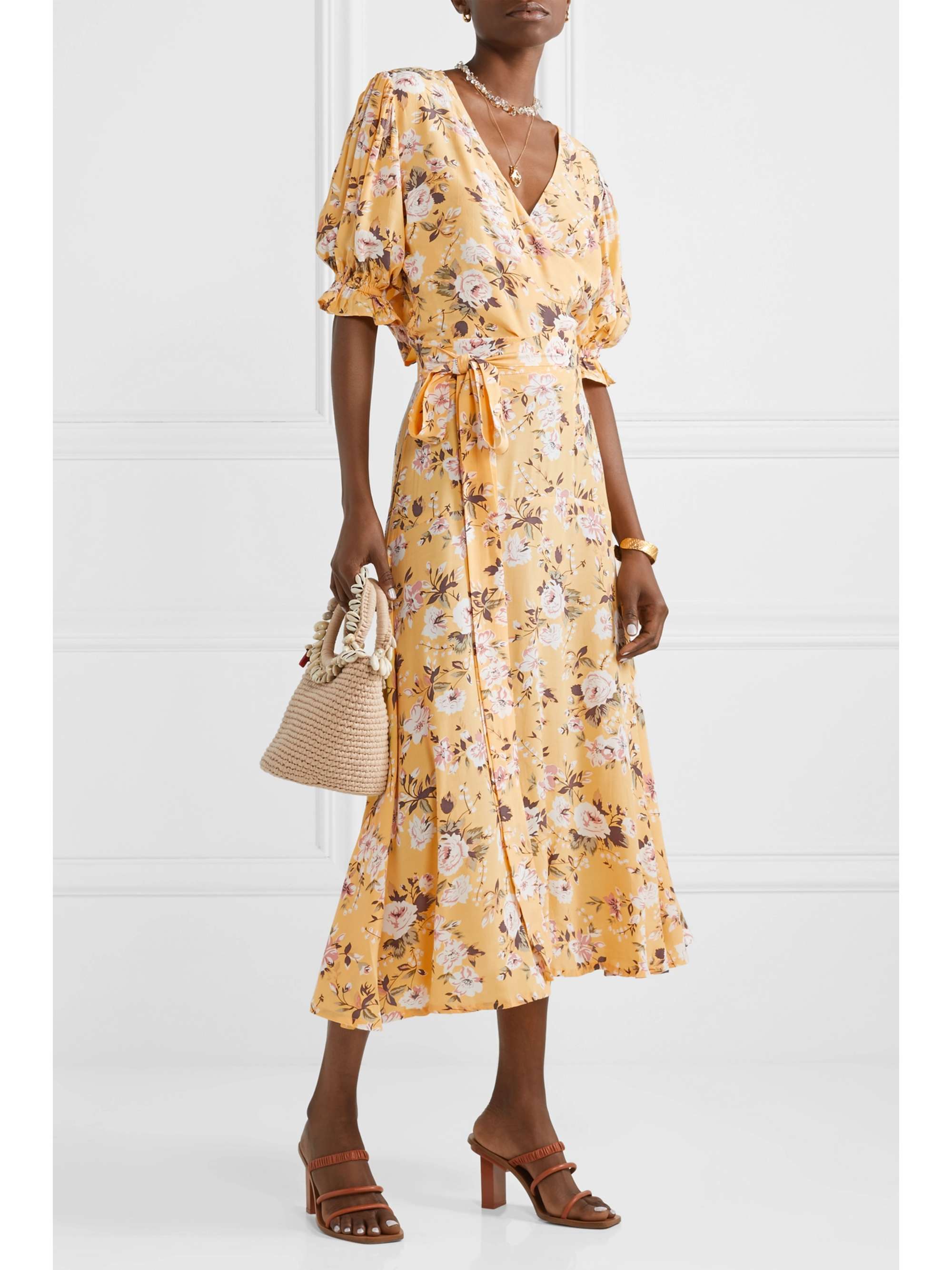 FAITHFULL Asiya belted floral-print crepe wrap-effect midi skirt