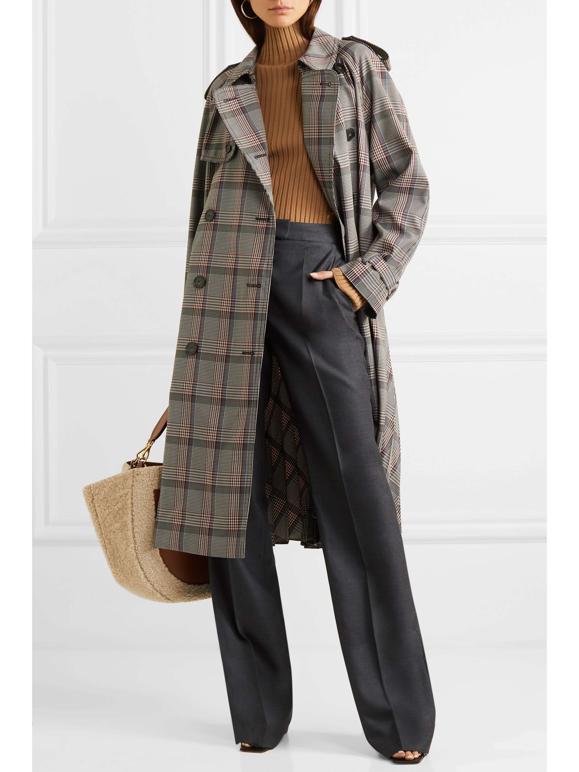 STELLA MCCARTNEY Pleated Prince of Wales checked belted woven trench coat
