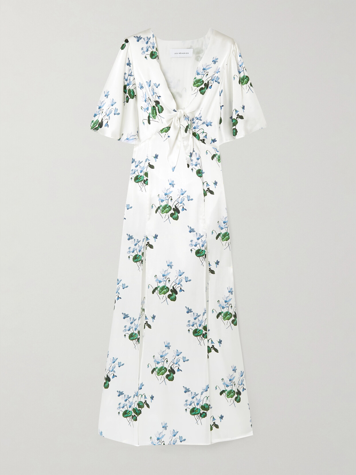 LES R VERIES Tie front Floral print Silk satin Maxi Dress White