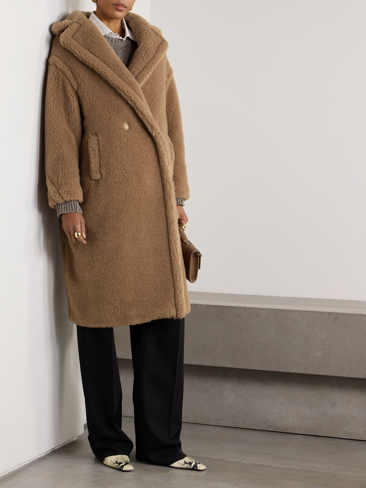 Max Mara Inspired Oversized Camel-silk Double-breasted Overcoat With Lapel Collar In Brown