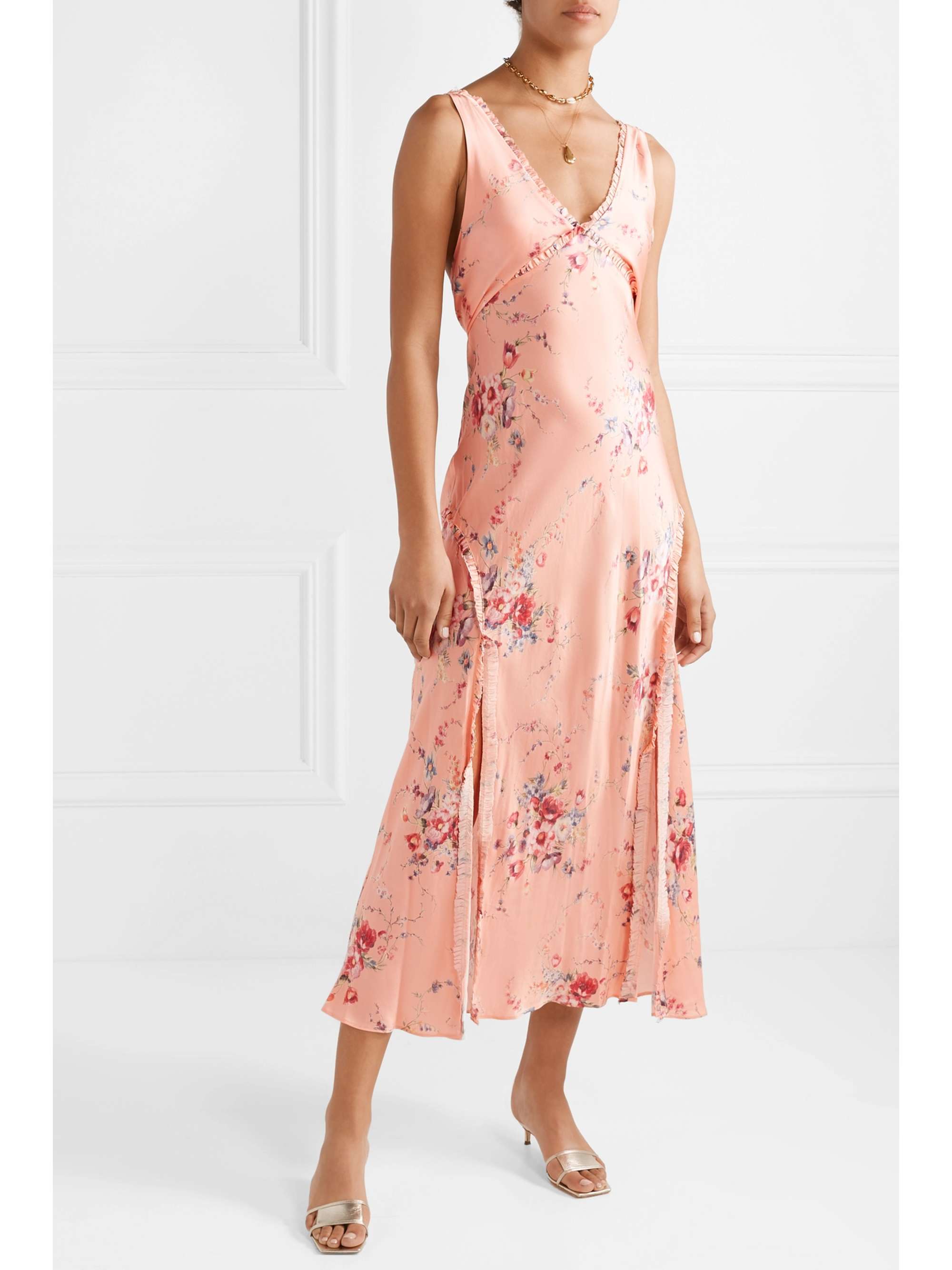 LOVESHACKFANCY Kendall ruffled floral-print silk-satin maxi dress