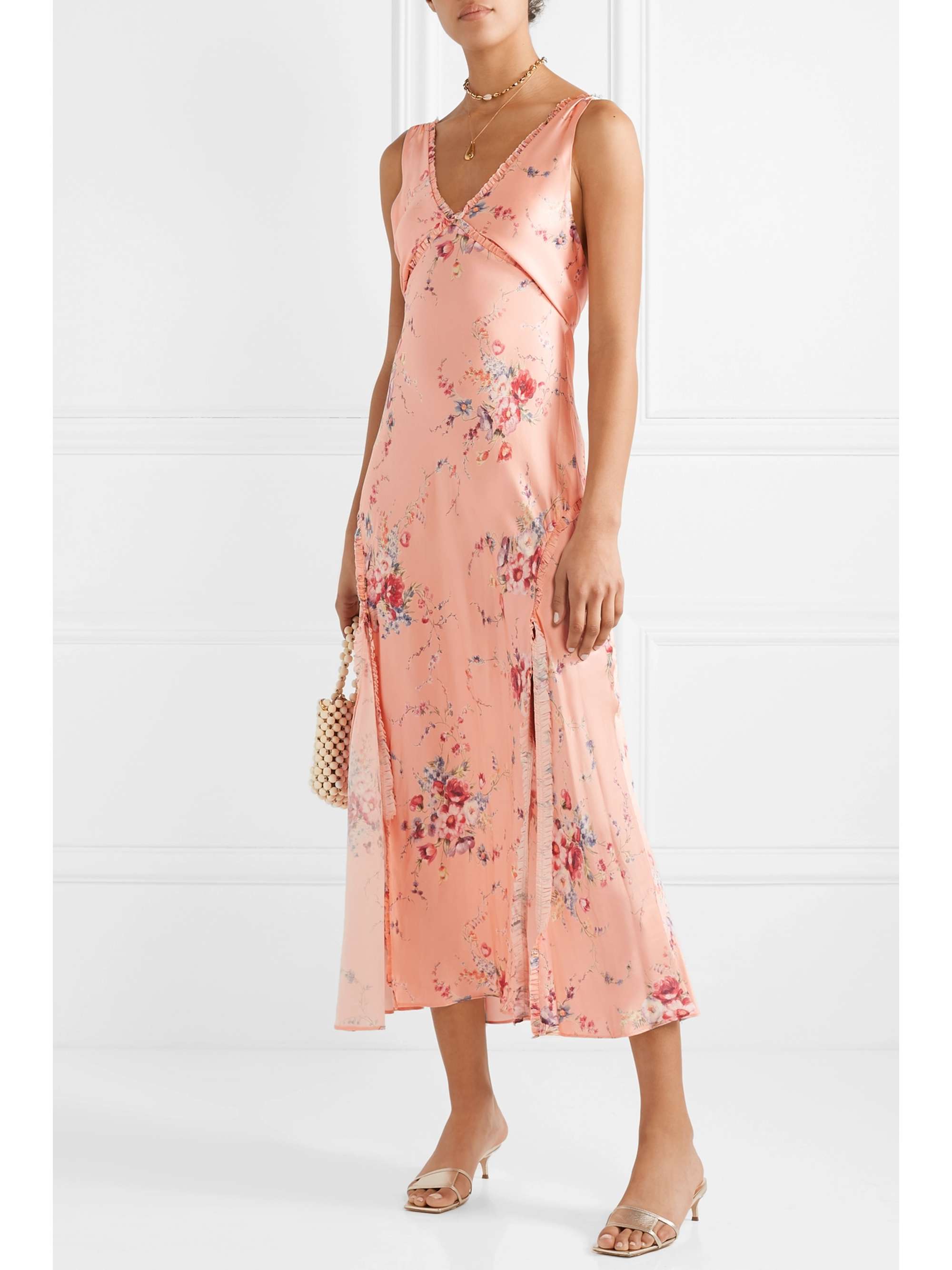 LOVESHACKFANCY Kendall ruffled floral-print silk-satin maxi dress